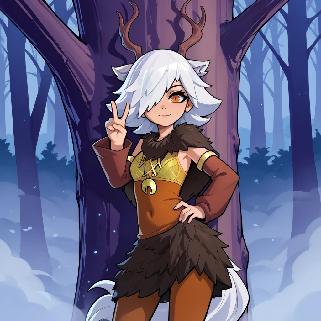 1girl,solo,<lora:tirsiak (4):1>,deer girl,antlers,white hair,animal ears,tail,hair over one eye,orange eyes,slit pupils,crescent moon necklace,fur capelet,brown shirt,yellow bikini top,fur skirt,brown legwear,detached sleeves,
forest,outdoors,bare tree,fog,
looking at viewer,smile,hand up,v,hand on own hip,standing,back against tree,, score_9, score_8_up, score_7_up, perfect anatomy, source_anime, zPDXL2,