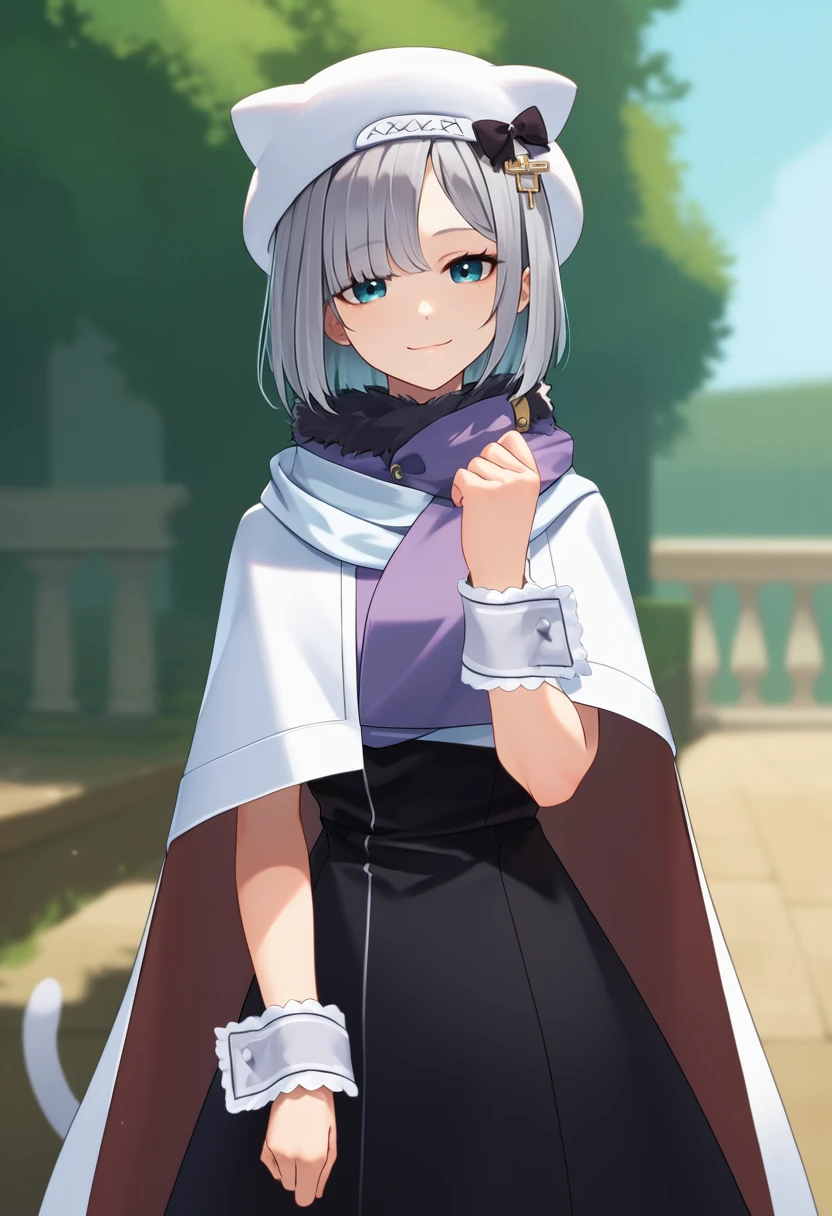 score_9, score_8_up, score_7_up, source_anime, solo, 1girl, kaga1st, smile, looking at viewer, standing, short hair, grey hair, hair bow, black bow, white headwear, animal hat, fur trim, white capelet, cape, white shirt, sleeveless shirt, wrist cuffs, black skirt, cat tail, outdoors <lora:vspo_sumirekaga_ponyXL-a2-000006:1>