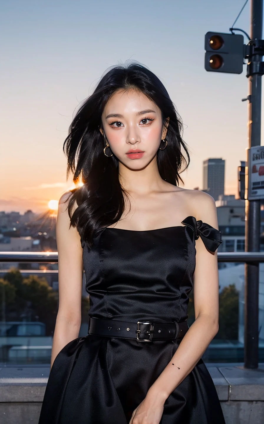 <lora:Chaeyoung_V2:1> Ch@ey0ung,, (realistic), (hyperrealism), (photorealistic:1.4), 1girl, looking at the viewer, eye makeup, detailed eyes, detailed face, (upper body:1.2), detailed background, black dress, walking at the streets, sunset, (windy:1.2)