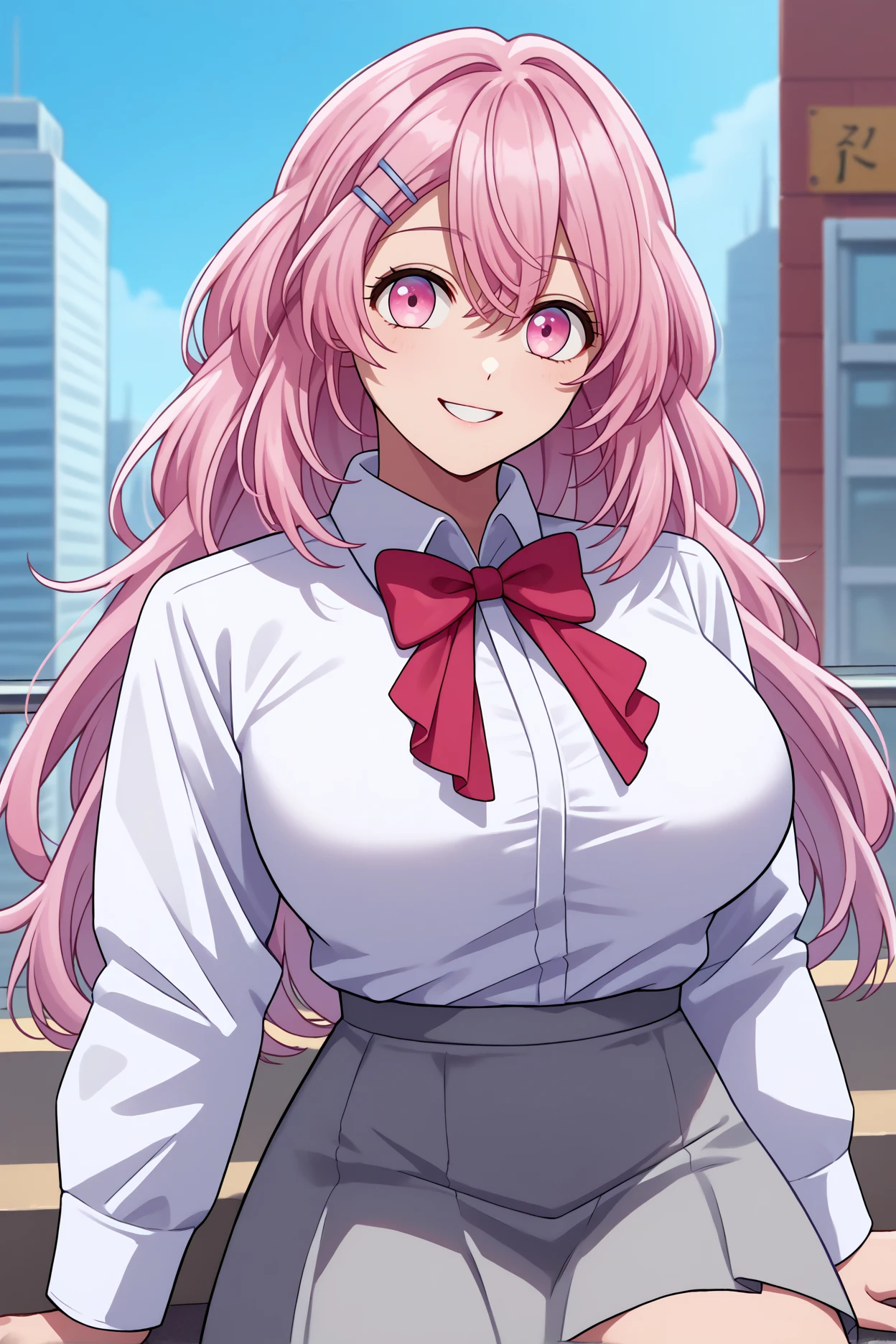 score_9, score_8_up, score_7_up, score_6_up, source_anime, 1girl, solo,  <lora:kotobukiminami-pdxl-nvwls-v1-000006:1> mkoto, pink hair, long hair, hairclip, white shirt, collared shirt, long sleeves, red bowtie, red ribbon, grey skirt, thighs, upper body, smile, blue sky, city, happy, breasts, looking at you