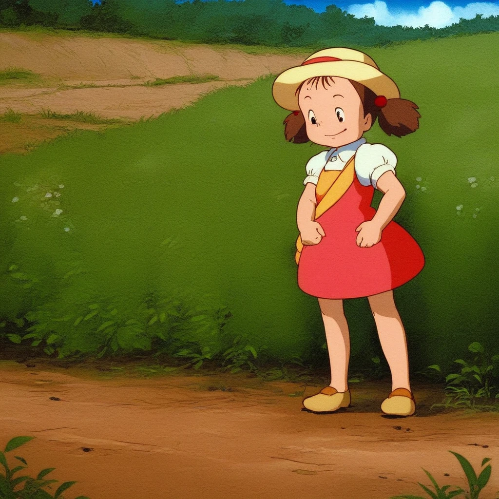 score_9, solo, Mei_Kusakabe, brown hair, twintails, dress, hat, outdoors