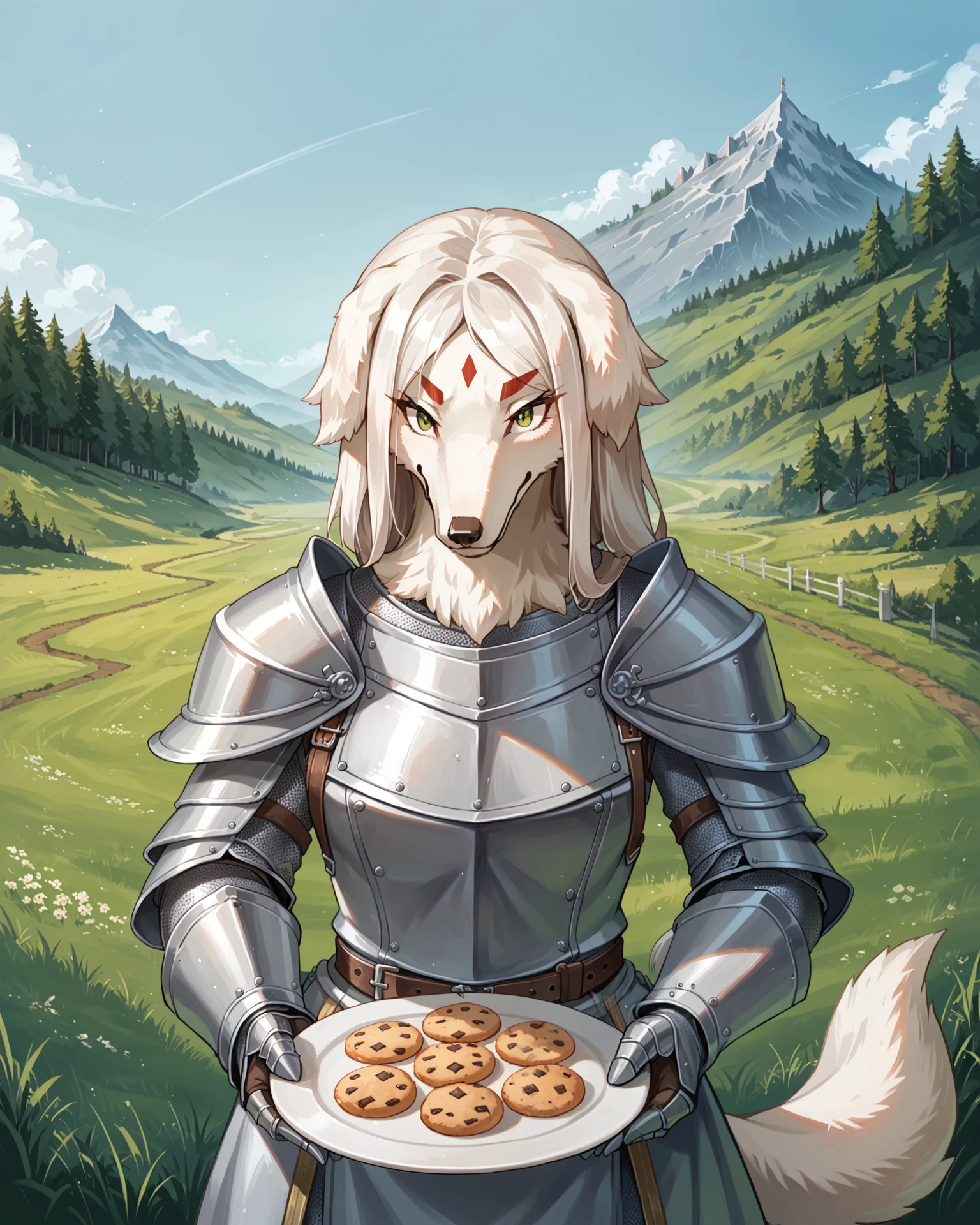 score_9_up, score_8_up, score_7_up, score_6_up, source_furry,
<lora:Helga_(world_flipper)_XL_v1:1> helgawf, canine, borzoi, kemono, white fur, female, medieval, knight, plate artmor, warrior, field, fantasy landscape, castle, solo, holding a plate of cookies,