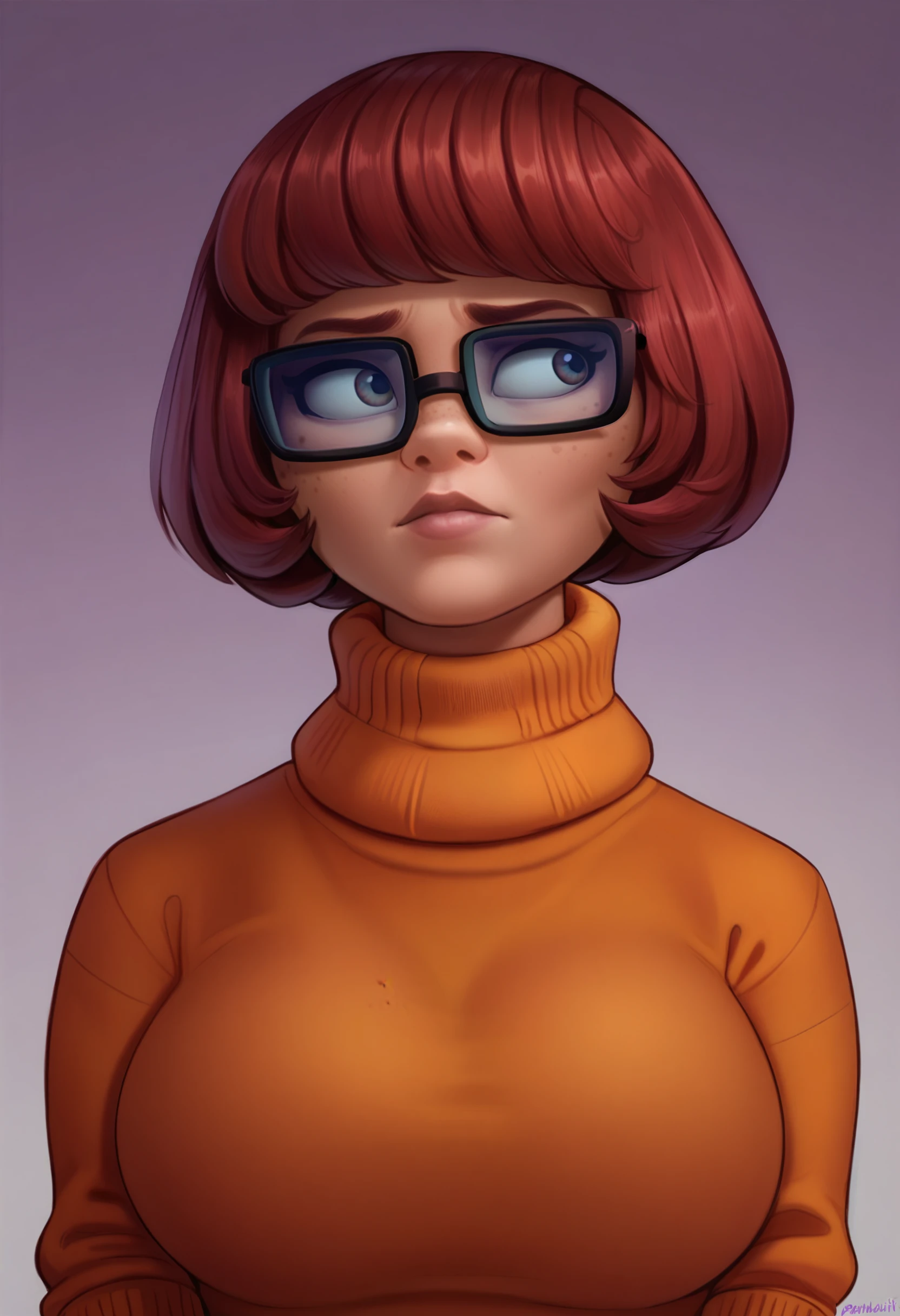 score_9, score_7_up, <lora:shadmanreal-guy-PONY-DORAv1:1>, 1girl, solo, velma dace dinkley, portrait, turtleneck sweater, purple background, gradient background, freckles, large breasts, looking to the side,