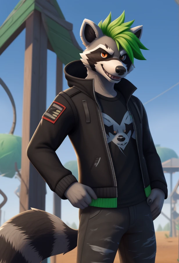 <lora:Rufus_FN-000006:1> Solo, Male, Orange eyes,green punk hair, black white fur,blck body fur, teenager,jacket,  Anthro, Furry, Rufus, Racoon, fortnite, sexy posing, standing, smile,
raccoon tail, furry, piercing, standing, male focus,  raccoon ears, teeth,  green hair, nose piercing, looking at viewer, normal body