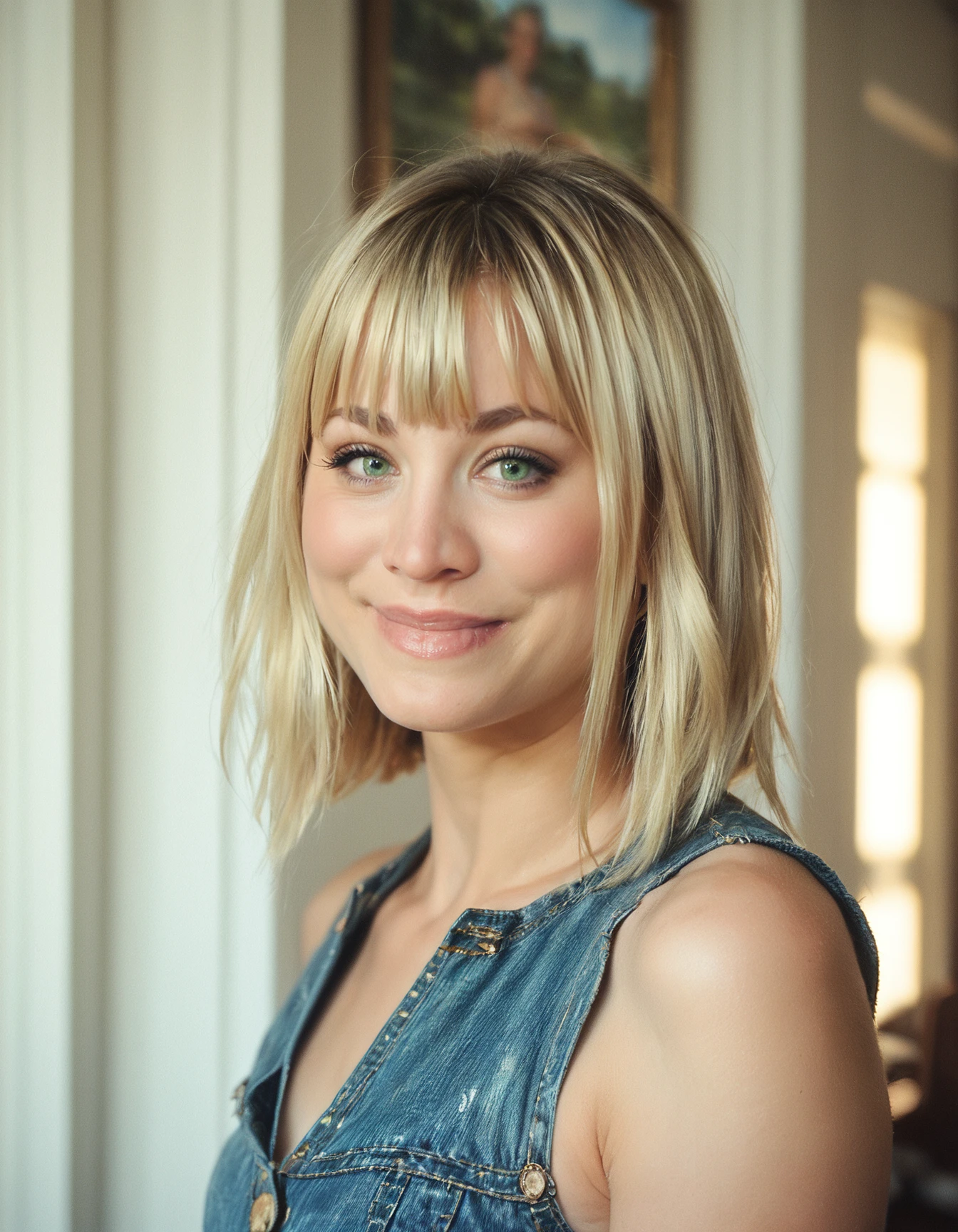 score_9, score_8_up, score_7_up, ohwx, 1girl, realistic, portrait, light-smile, blonde diagonal bangs, green eyes, <lora:CrunchyBanana_PONY_kaley_cuoco_v2:0.9>, indoors, denim dress, rating_safe