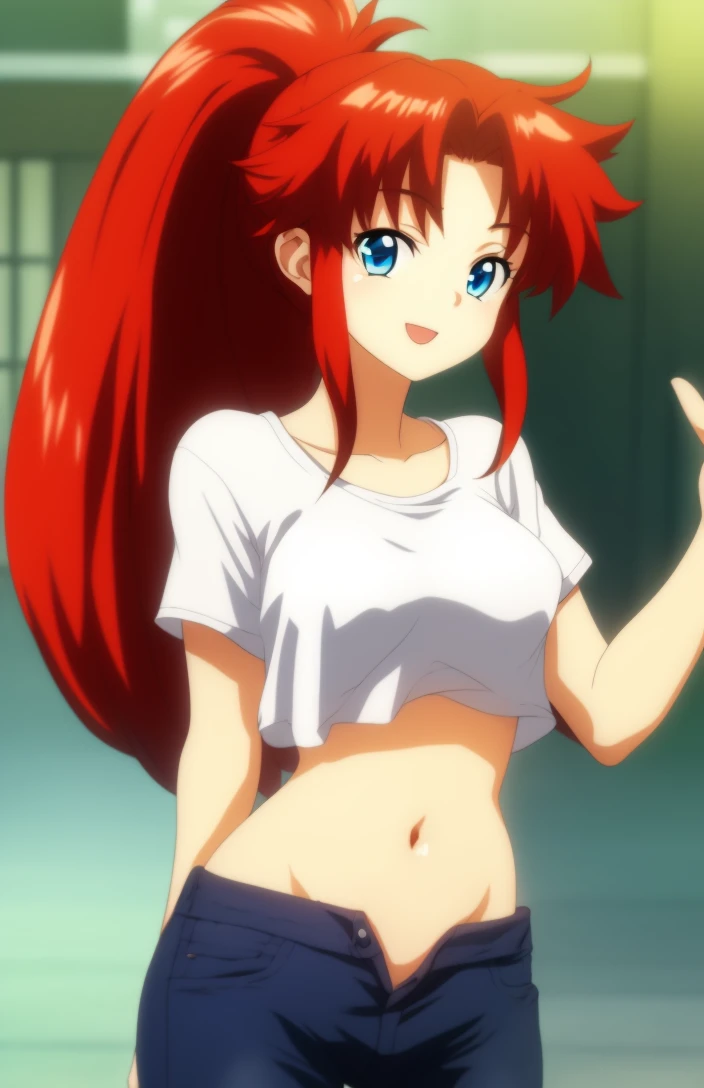 hk_as, anime screencap, 1girl, solo focus, ponytail, red hair, forehead, blue eyes, medium breasts, long hair, white t-shirt, crop top, (stomach, navel), jeans, happy, looking at viewer