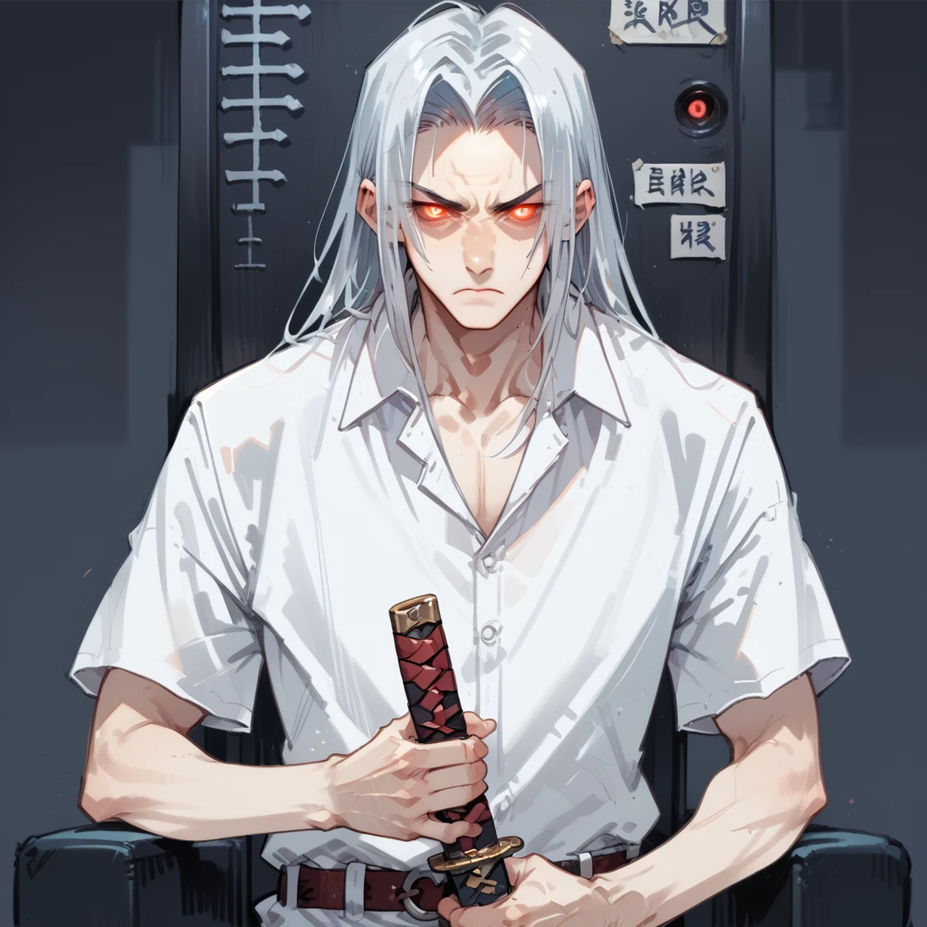 shin natsume, tenjo tenge, ah1, 1boy, long hair, gray hair, parted bangs, score_9, score_8_up, score_7_up, score_6_up, source_anime, white shirt, simple background, <lora:Shin_Natsume_from_Tenjo_Tenge:1>, (Seated on a foreboding throne with a gaze of pure malice), (Underground Hackers' Den, Dimly lit basement hideout with rows of computer terminals, walls covered in screens displaying lines of code, makeshift workbenches cluttered with circuit boards, hackers huddled over laptops, the occasional flicker of a neon sign outside the window), red eyes, glowing eyes, serious, holding katana, narrowed eyes, katana,