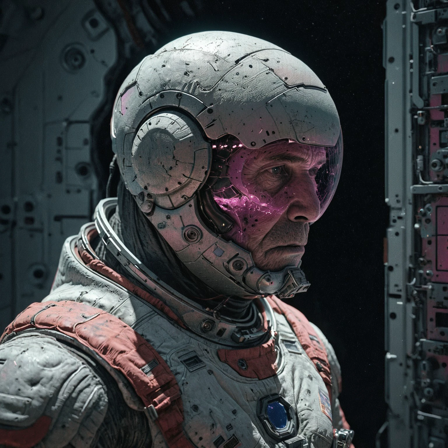 Engulfed by space, a portrait of astronaut, intricate detail, 16k, digital art, space, cinematic lighting, vivid, professional 3d model analog film photo, a portrait of an old space man, faded film, desaturated, very grainy, stained, highly detailed, found footage, octane render, highly detailed, volumetric, dramatic pink lighting