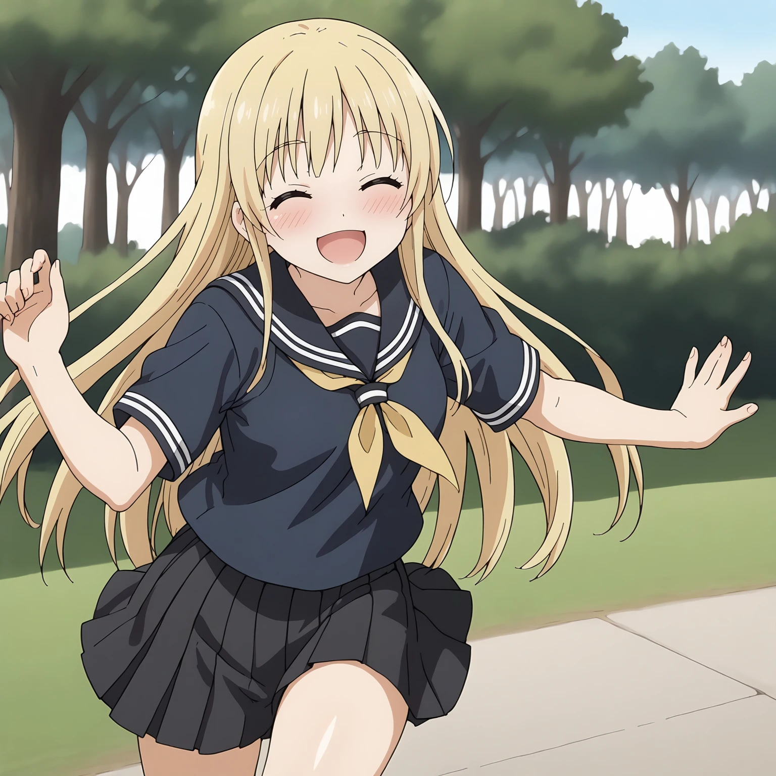 <lora:NBnSd_SanakaSuemoriXLpony003>,
blush,smile,open mouth,closed eyes,
solo,
SanakaSuemori,1girl,blonde hair,long hair,
serafuku,black blue shirt,short_sleeves,
pleated_skirt,black skirt,
outdoors,