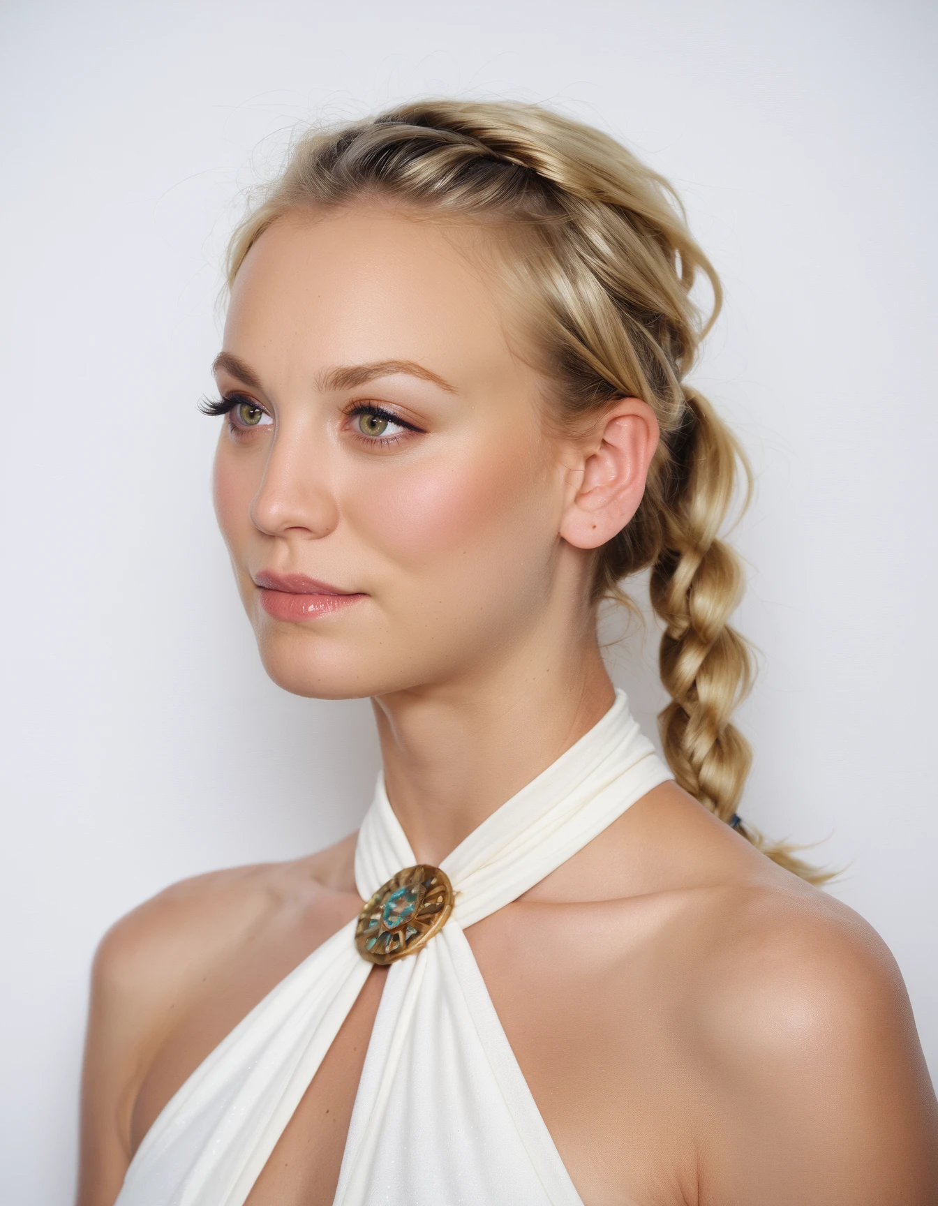 score_9, score_8_up, score_7_up, ohwx, 1girl, slim, realistic, portrait, blonde braided ponytail, <lora:CrunchyBanana_PONY_dora_kaley_cuoco:0.9>, white background, halter dress, rating_safe
