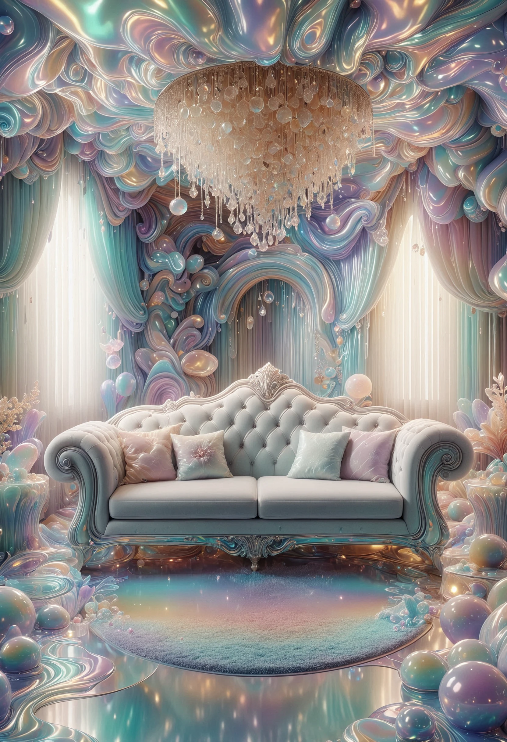 a sofa, enhanced quality, magnificent, illustrious quality, beautiful detailed, made out of iridescent jelly, <lora:PinkieIriJllySDXL-v1:1>, p1nk1r1j3lly,