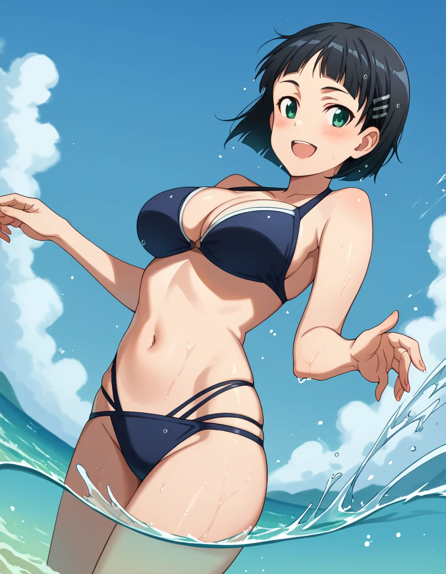 score_9, score_8_up, score_7_up, source_anime, suguhakirigaya, <lora:suguha-kirigaya-s1-ponyxl-lora-nochekaiser:1>, suguha kirigaya, short hair, black hair, hair ornament, hairclip, green eyes, large breasts,, <lora:multi-strapped-bikini-ponyxl-lora-nochekaiser:1>, multi-strapped bikini, bikini swimsuit,, beach, wet, navel, stomach, submerged, splashing, smile, blush, open mouth,, dutch angle, cowboy shot,