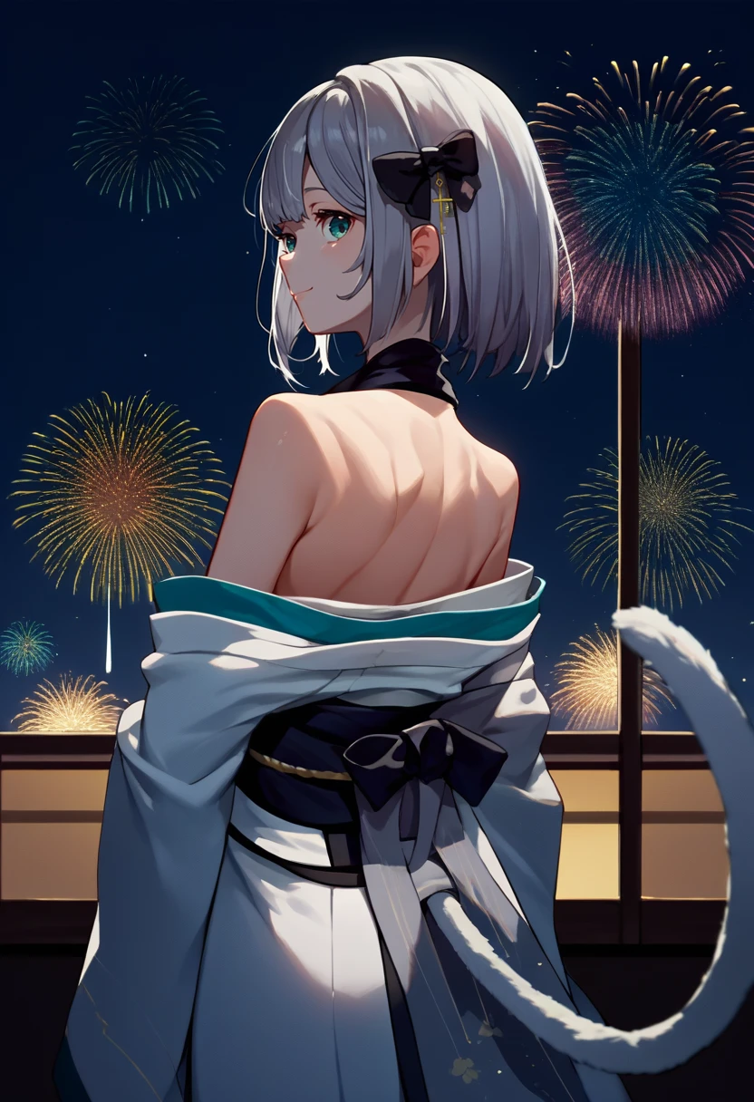 score_9, score_8_up, score_7_up, source_anime, from behind, solo, 1girl, kaga1st, smile, looking back, short hair, grey hair, hair bow, black bow, japanese clothes, white kimono, off shoulder, grey sash, cat tail, bare shoulders, fireworks <lora:vspo_sumirekaga_ponyXL-DEFAULT:1>