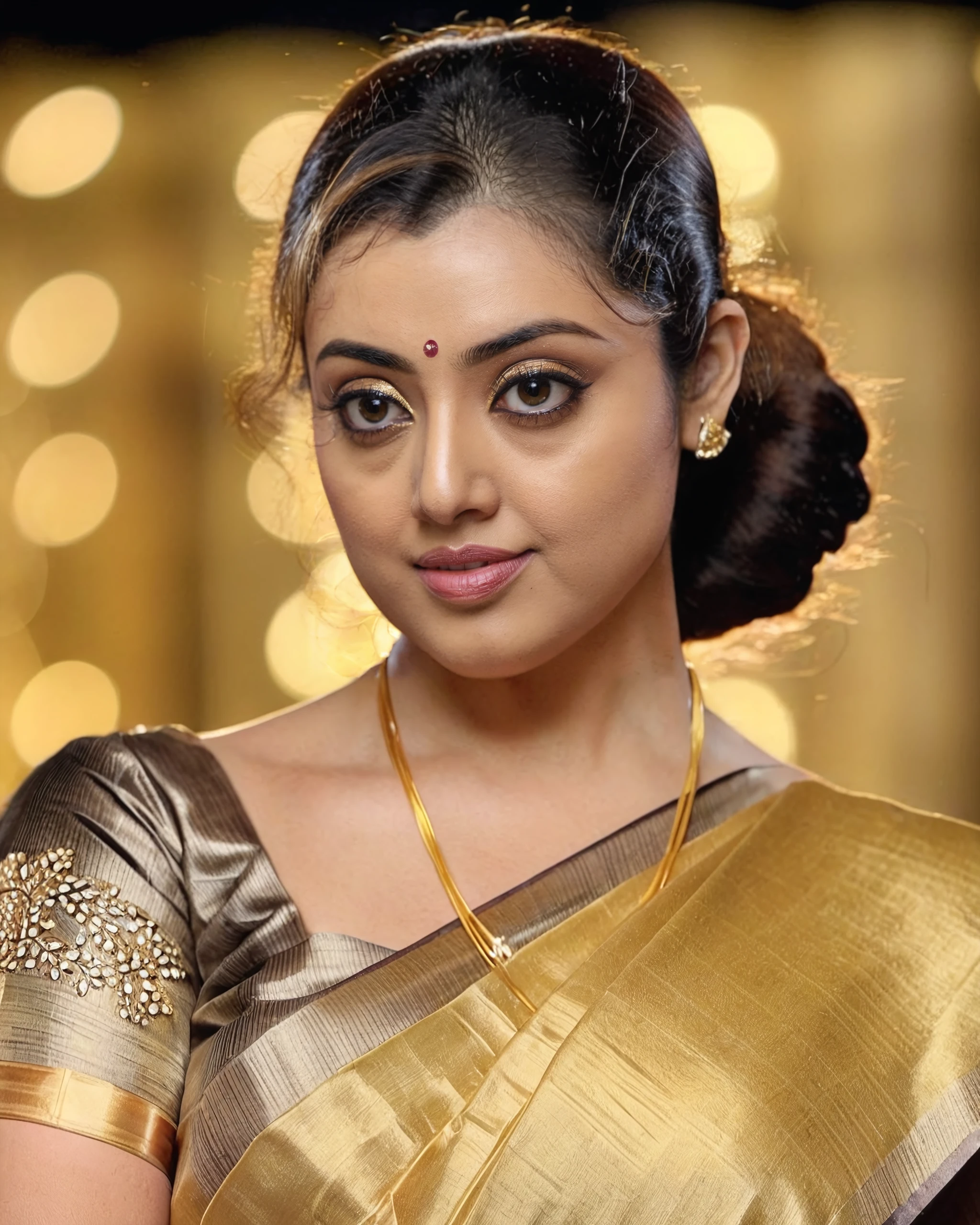 upper body photo of Meena woman, solo, ponytail hair cut, , looking at the camera,  Gold saree and blouse, night time, contrasting background bokeh,<lora:Meena_SDXL_LoRA_prodigy_local_xformers_HNE:1>