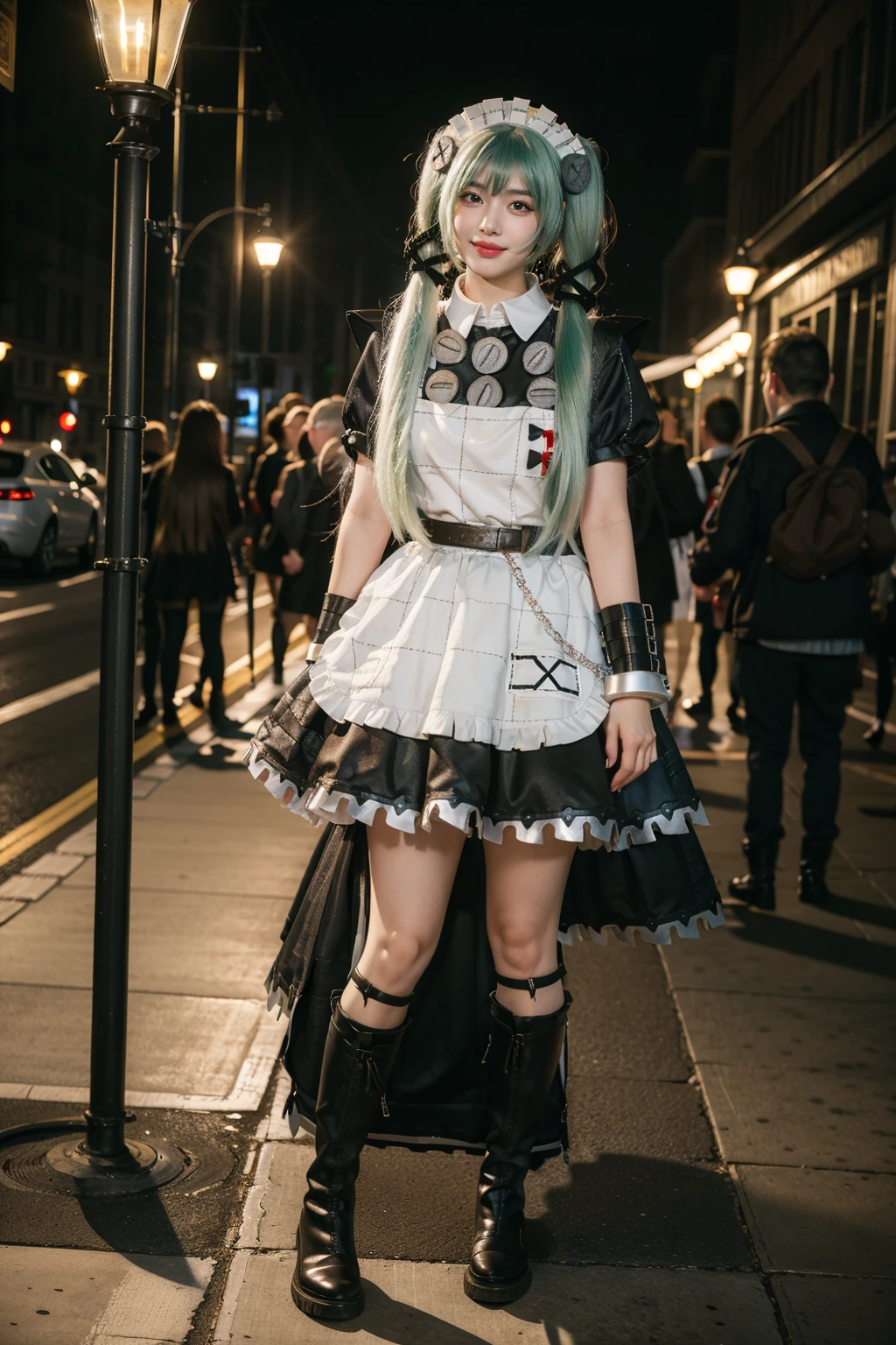 realistic,photorealistic,full body,1girl,solo,smile,looking at viewer,standing,corin cosplay costume,corin,cosplay,long hair,green hair,twintails,hair ornament,maid,dress,frilled dress,frills,apron,maid apron,maid headdress,puffy short sleeves,belt,chain,wrist cuffs,cuffs,handcuffs,ribbon,boots,knee boots,night,street,lamp,people,<lora:ZenlessZoneZero_Corin_cosplay_v1:0.7>,