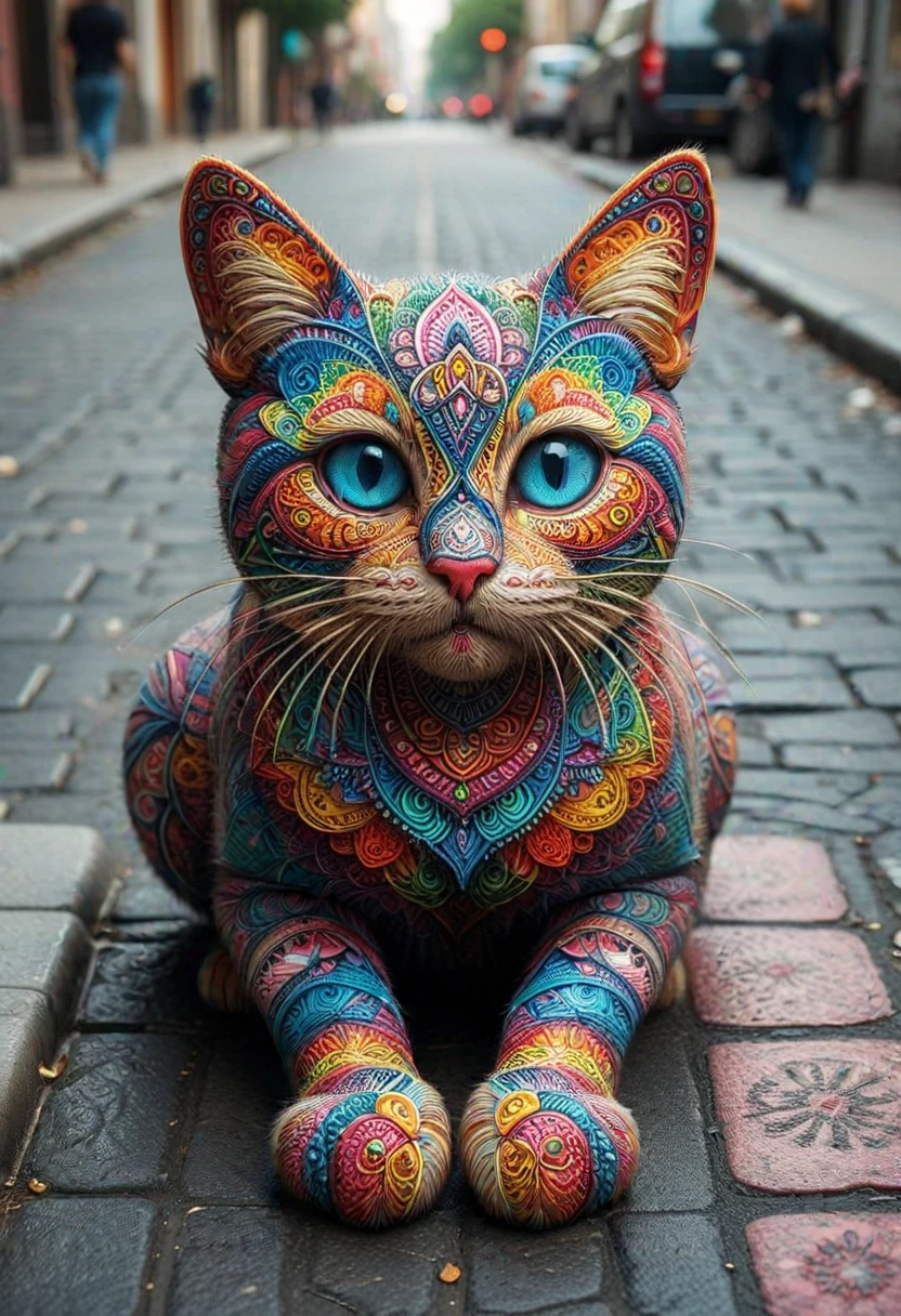 M4ND4L4S, cat made of colorful mandalas, located in a street, city, ,Masterpiece,best quality, photo, realistic, very aesthetic