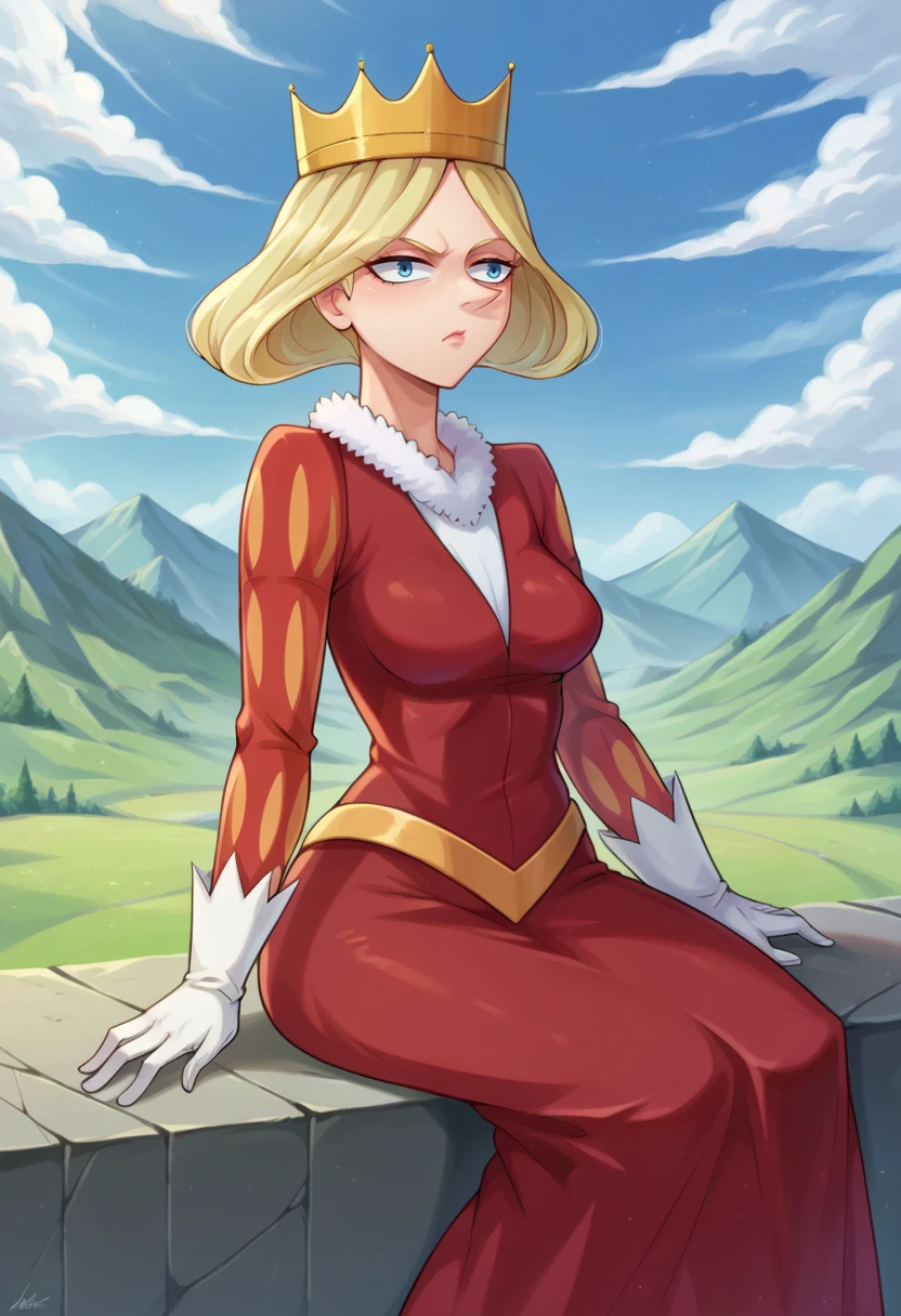 score_9,score_8_up,score_7_up BREAK <lora:Hiling:0.8>,queen hilling,1girl,solo,short hair,blue eyes,long sleeves,blonde hair,gloves,white gloves,red dress,crown,landscape background,cowboy shot,sitting,