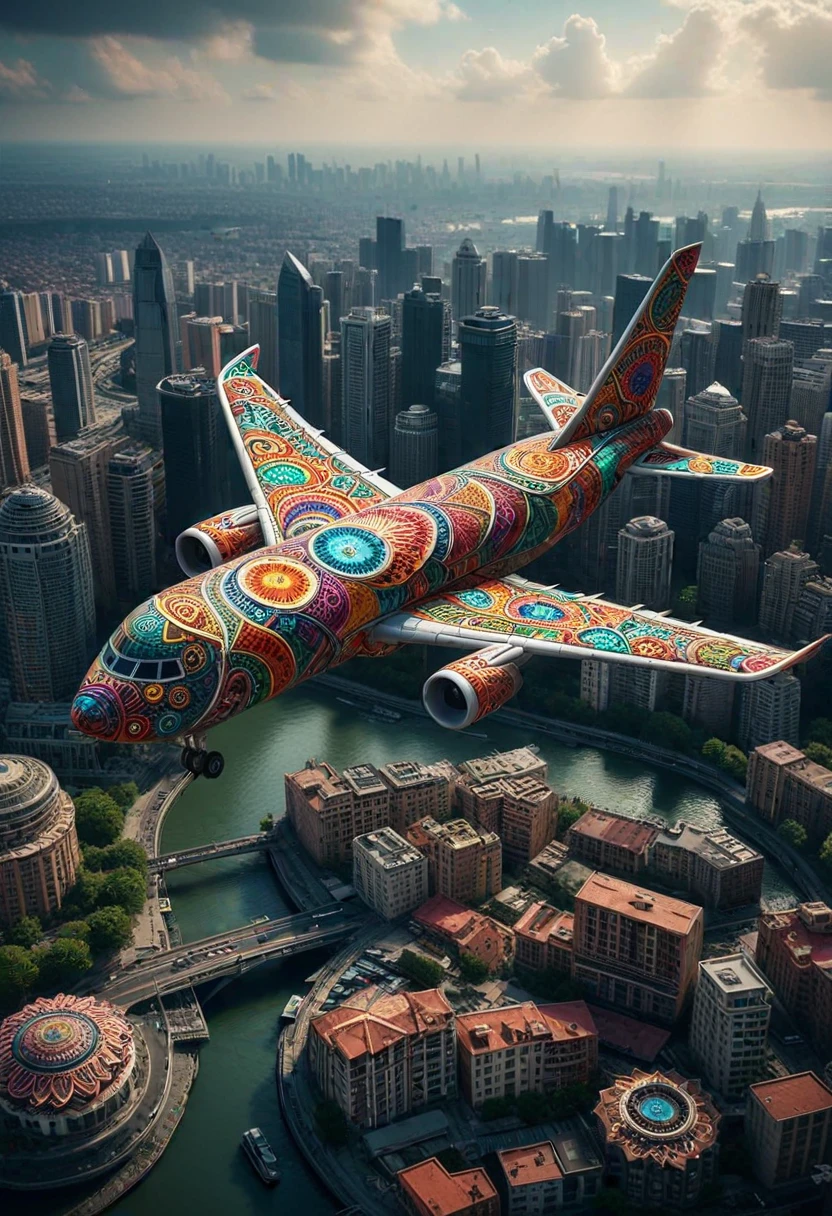 M4ND4L4S, airplane made of colorful mandalas, flying over a city, ,Masterpiece,best quality, photo, realistic, very aesthetic