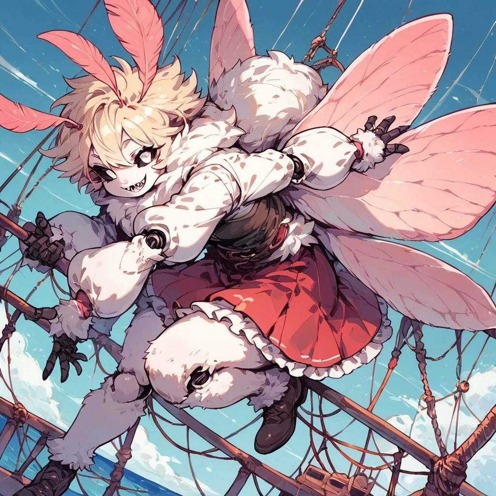 score_9, score_8_up, score_7_up, 1girl, solo, moth girl, pink wings, white wings, moth fluffy wings, fluffy body, yellow fur body hair, white skin, white eyes, fur four arms, extra arms, joints, black sclera, short hair, blonde, straight hair, sharp tooth, cute smile, plump, cute, looking at viewer, white fluffy dress,  little  female, pink antennae, tomboy, red skirt, cute pose, ship background, legs, full body, dutch angle,