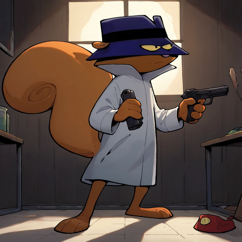 score_9,score_8_up,score_7_up, 1boy, 
SSSSQ, squirrel, trenchcoat, spy hat, (3 toes), knealing down, Holding a pistol in his detailed hands,

(((inside a dark warehouse))), ((taking cover))