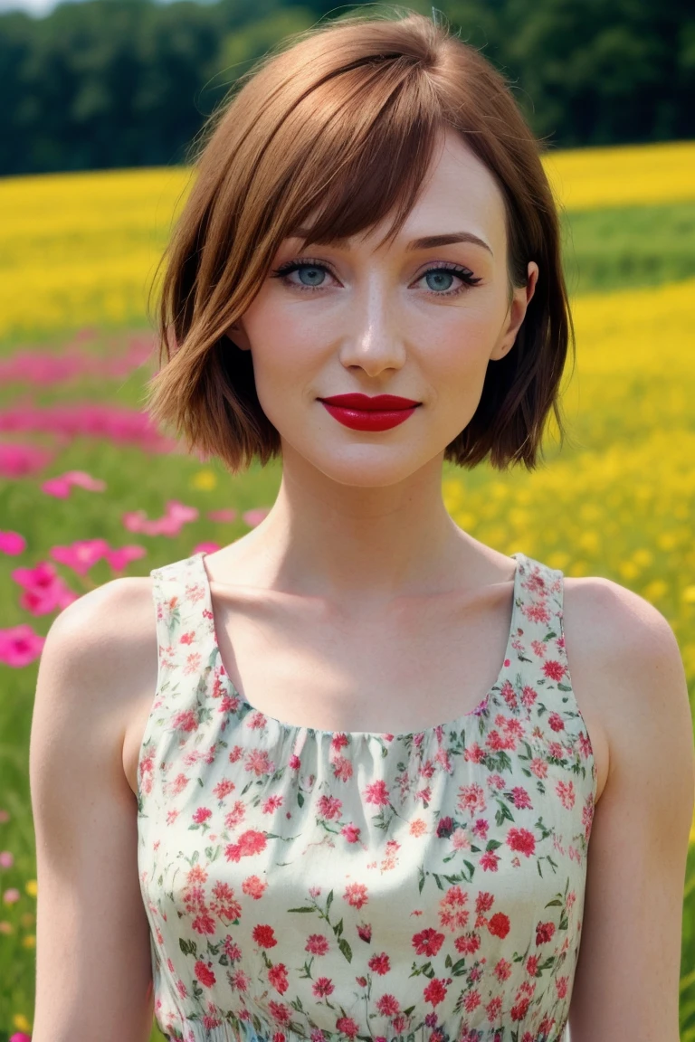 caricevanhouten, ((detailed skin, detailed face,detailed eyes, beautiful eyes)), ((red lipstick, blush, eye shadow, eyeliner, pale skin)), ,photo of a woman, RAW, close portrait photo, ((beautiful floral print sundress)),((short hair, pixie cut)), ((outdoors, gorgeous meadow, walking)), 8k uhd, dslr, soft lighting, high quality, film grain, Fujifilm XT3 sharp focus, f 5.6,, slight smile, ((detailed eyes, beautiful eyes, detailed face, beautiful face)),