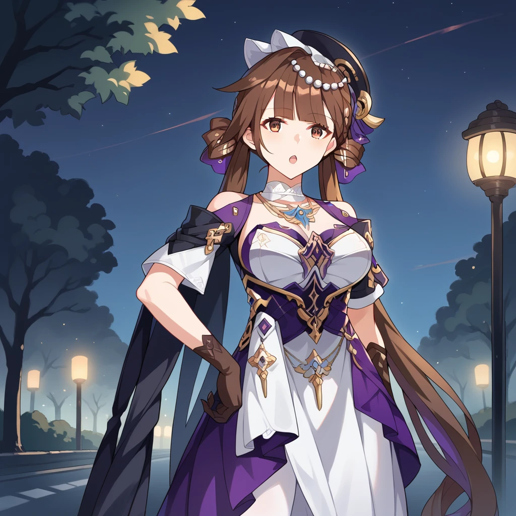 score_9_up, score_8_up, score_7_up, source_anime, masterpiece, best quality, 1girl, solo, Sushang, Sus_MN, night time, street lamp, plants, trees, walking, from side, looking at you, slight blush, smile, hand on chest, long hair, twintails, brown eyes, strapless dress, white pantyhose, white dress, purple dress, black hat, necklace, jewelry, bare shoulders, black gloves, detached sleeves, short sleeves, side cape, black cape, dynamic cowboy shot, mature body, outdoors, park cityscape background