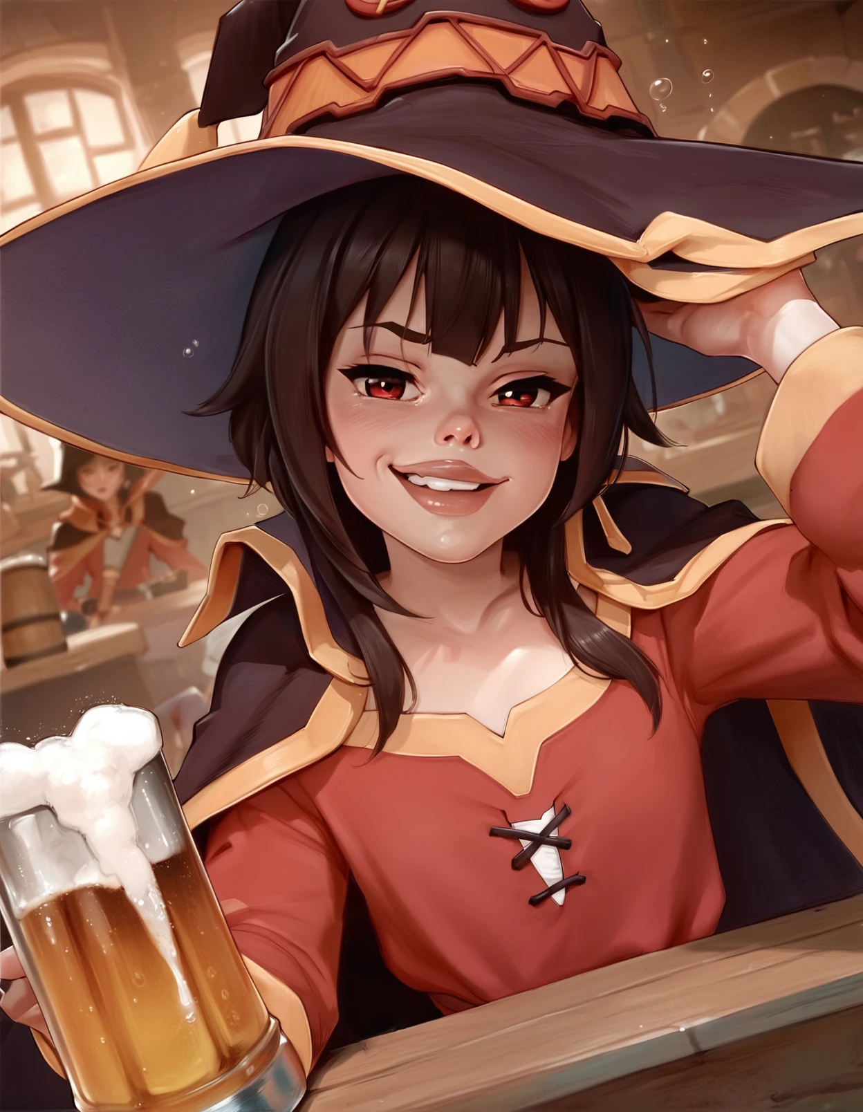 score_9, score_8_up, score_7_up,score_6_up, a girl in a tavern, drunk, beer mug, smug, (megumin:0.8), witch hat, cape, long sleeves, red dress, looking at viewer, dutch angle, open mouth, 
<lora:pink_cartoon_style_pony6_v4-000038:.9>