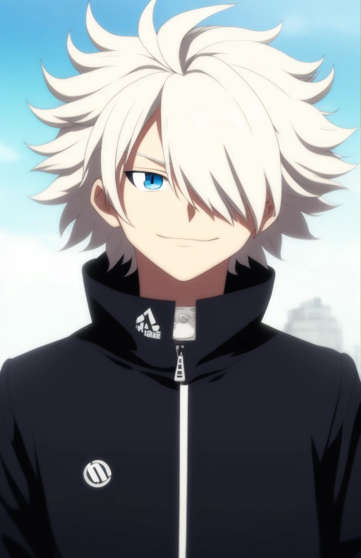 hk_as, anime screencap, 1boy, solo focus, white hair, messy hair, blue eyes, smirk, black jacket, outside, body portrait, jeans, hair over one eye