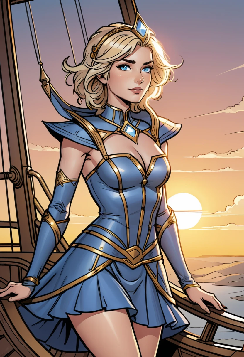 lightlux, aboard on an airship, with the setting sun in the background, comic book style,delicate lines,beautiful portrayal,high resolution 4k,ink pen cartoon <lora:Elementalist_Lux:0.7>