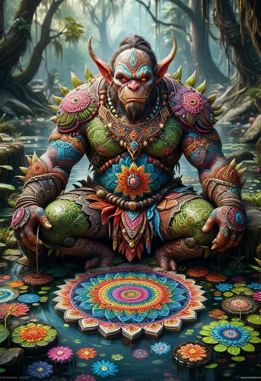 M4ND4L4S, orc made of colorful mandalas, located in a swamp, ,Masterpiece,best quality, photo, realistic, very aesthetic