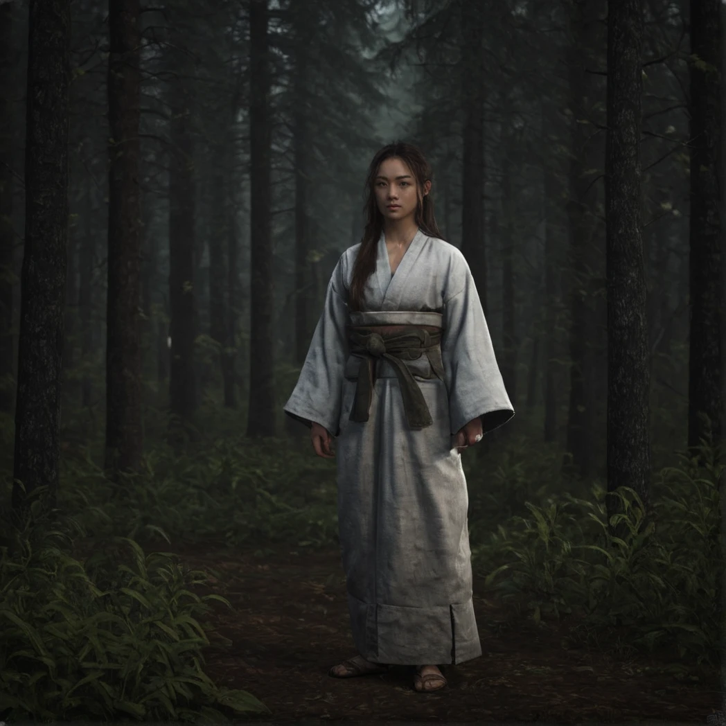 Edo, Shogun, Japanese Edo period, (Japanese feMale, Japanese Clothing), Front-facing, Front, moody forest, long hair, (UHD, 8K, ultra detailed, looking at the camera, highly detailed, best quality, best aesthetic, high detail, amazing detail, masterful, work of a master, highly detailed background, shallow depth of field, photorealistic, RAW image, 
8k high resolution, ray tracing, realistic, mid day, volumetric lighting), badneg-xl, medium shot, mid shot, 