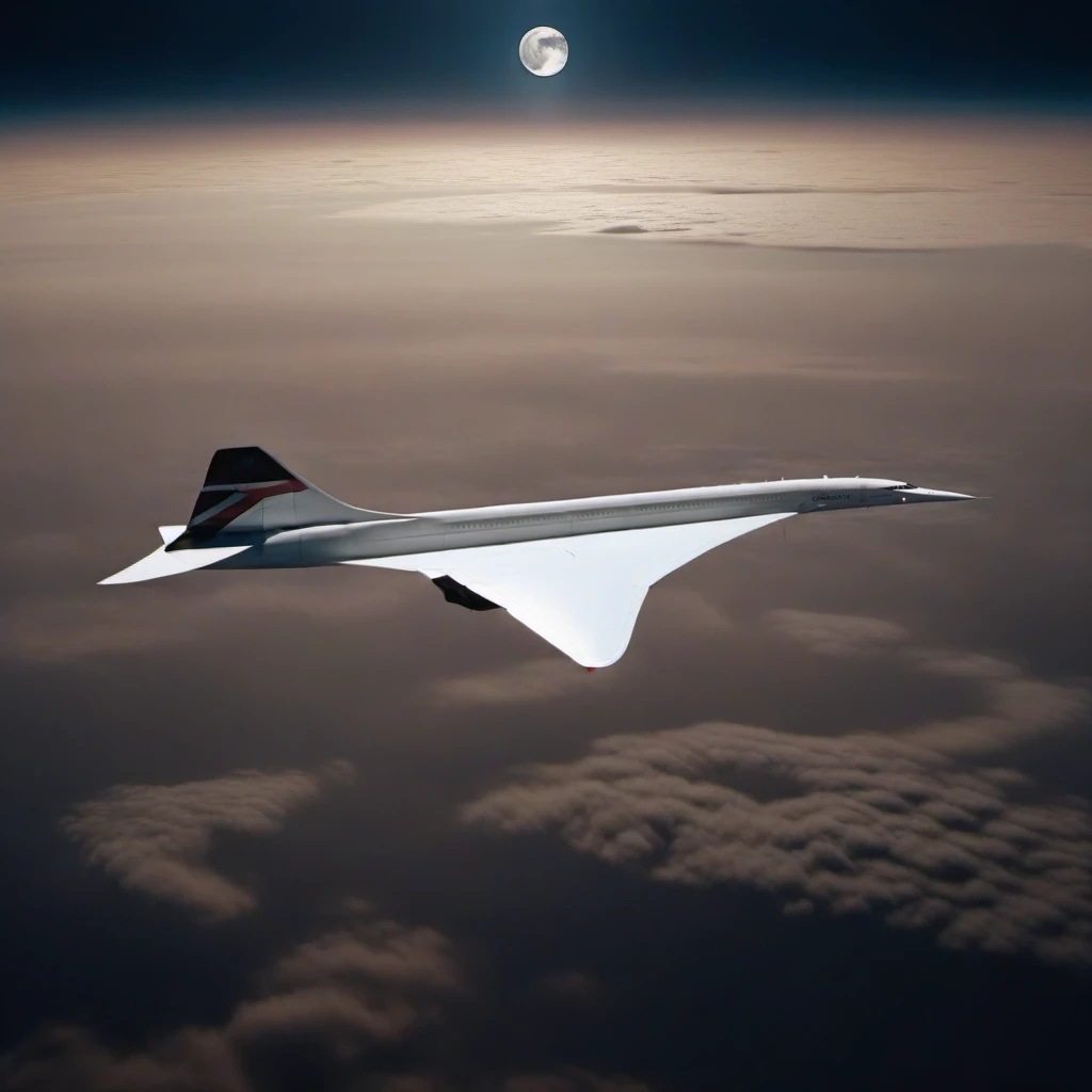 cinematic photo concorde aircraft in space, flying near the moon   <lora:Concorde1024:0.8> . 35mm photograph, film, bokeh, professional, 4k, highly detailed