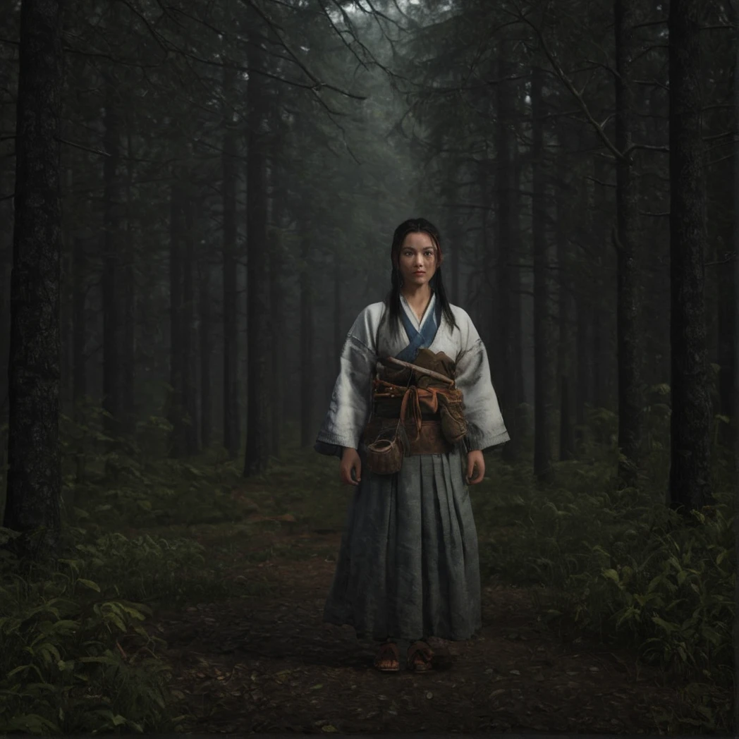 Edo, Shogun, Japanese Edo period, (Japanese feMale, Japanese Clothing), Front-facing, Front, moody forest, long hair, (UHD, 8K, ultra detailed, looking at the camera, highly detailed, best quality, best aesthetic, high detail, amazing detail, masterful, work of a master, highly detailed background, shallow depth of field, photorealistic, RAW image, 
8k high resolution, ray tracing, realistic, mid day, volumetric lighting), badneg-xl, medium shot, mid shot, 