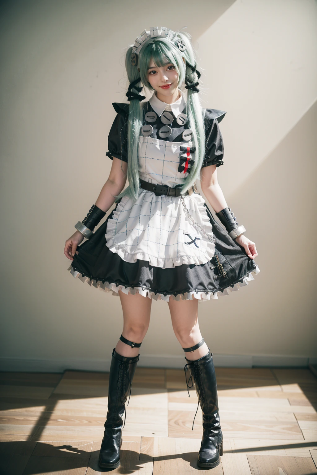 realistic,photorealistic,full body,1girl,solo,smile,looking at viewer,standing,corin cosplay costume,corin,cosplay,long hair,green hair,twintails,hair ornament,maid,dress,frilled dress,frills,apron,maid apron,maid headdress,puffy short sleeves,belt,chain,wrist cuffs,cuffs,handcuffs,ribbon,boots,knee boots,<lora:ZenlessZoneZero_Corin_cosplay_v1:0.7>,