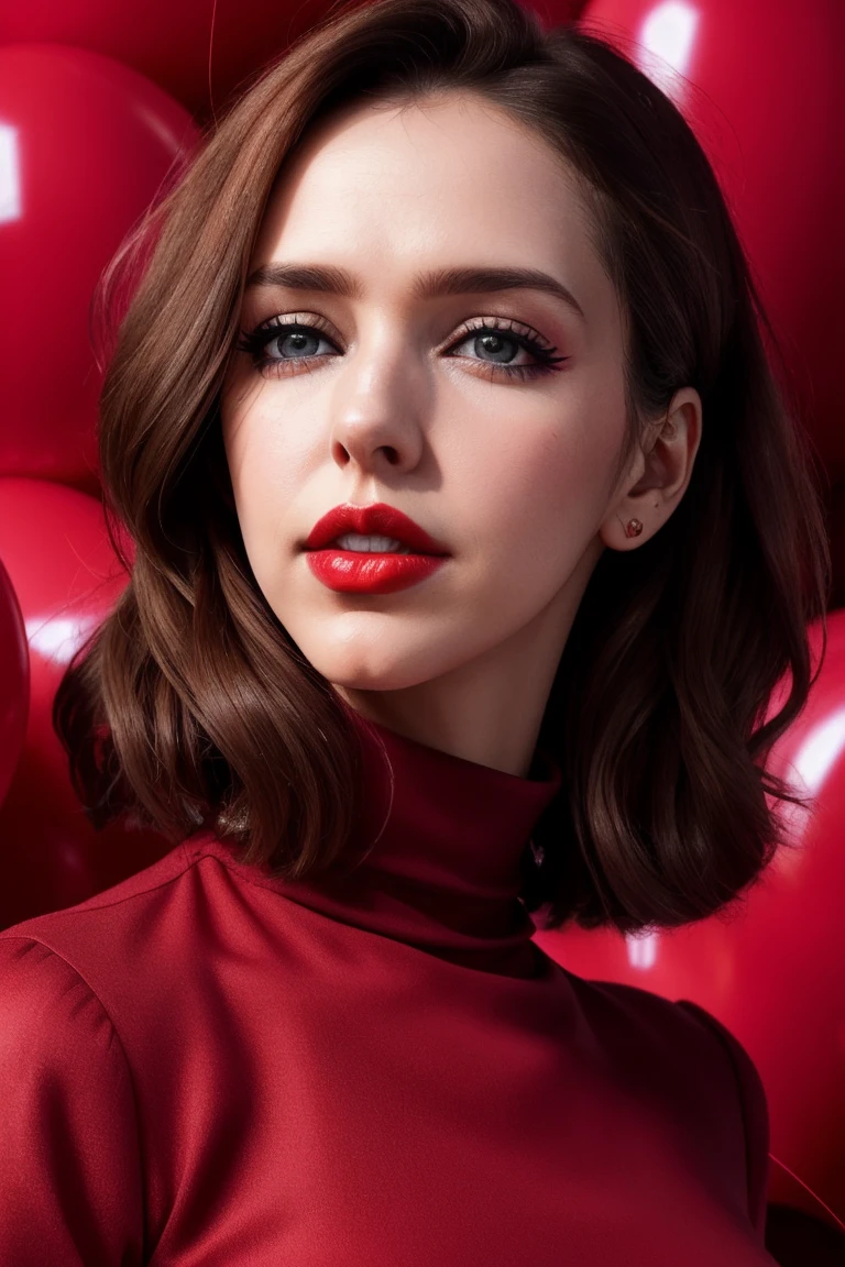 stefjo, ((detailed skin, detailed face):1.2), ((detailed eyes, beautiful eyes):1.2), ((red lipstick, eyeliner, eye shadow, blush)), , photo of a woman, ,fashion portrait photo of a woman from the 60s wearing a red turtleneck standing in the middle of a ton of balloons, taken on a hasselblad medium format camera,