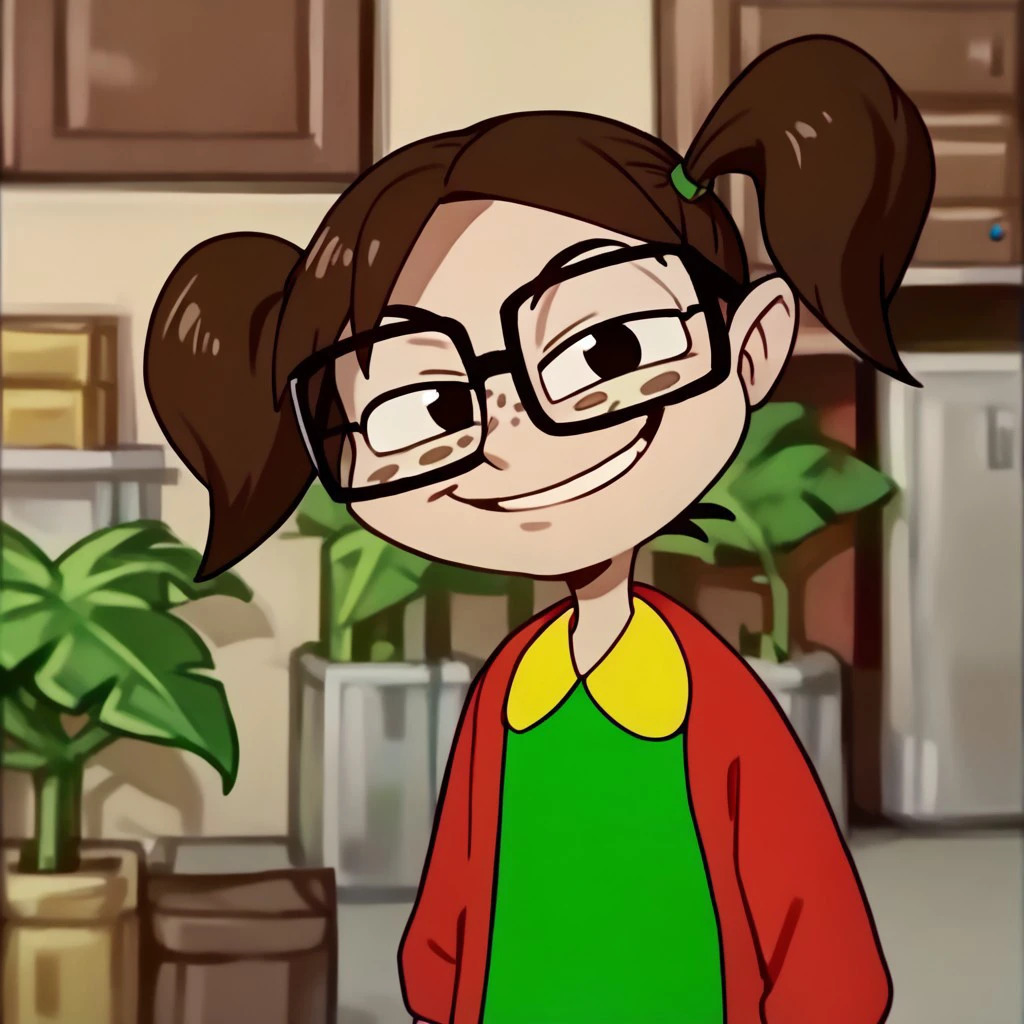 score_9, score_8_up, score_7_up BREAK Chilindrina, 1girl, dark brown hair, pigtails, black eyes, freckles, glasses, open red cardigan, yellow-collared green dress, yellow dress pocket, socks, black mary jane shoes, smiling at viewer,