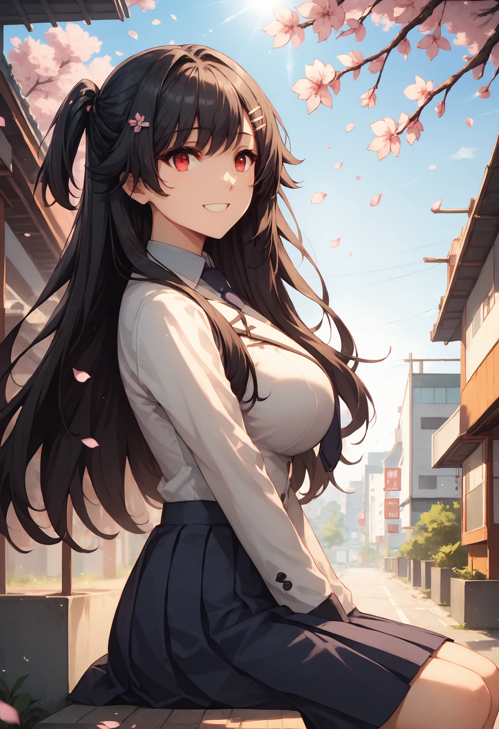 masterpiece,best quality, highly detailed, score_9, score_8_up, score_7_up, score_6_up, 1girl,  akanen, black hair, long hair, hair ornament, hairclip, red eyes, necktie, school uniform, jacket, outdoors sakura trees street, sunlight, depth of field, dynamic pose, waist up, smiling, large breasts, cherry blossoms, petals, <lora:StS_detail_slider_release_two_v3:0.5> <lora:Test:0.5> <lora:akanen:0.8>, from side, sitting