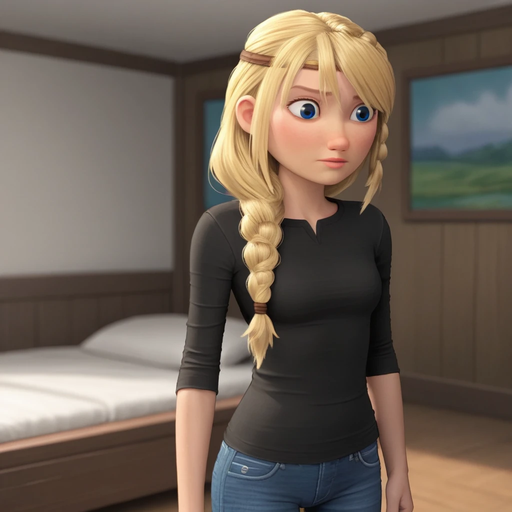 score_9_up, BREAK, ASTRIDHOFFERSON, 1girl, solo, blonde hair, braid, Long hair, blue eyes, black shirt, jeans, indoors, depth of field,  <lora:AstridHofferson_HTTYD2_PXL_Leaf1:0.8>, cowboy shot,