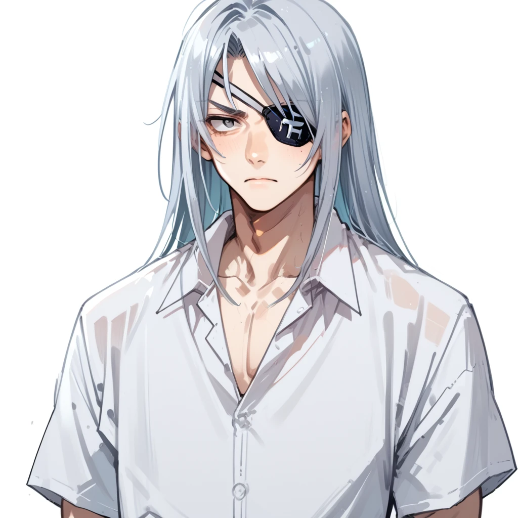 shin natsume, tenjo tenge, ah1, 1boy, long hair, gray hair, parted bangs, score_9, score_8_up, score_7_up, score_6_up, source_anime, white shirt, simple background, eyepatch, gray eye, <lora:Shin_Natsume_from_Tenjo_Tenge:1>