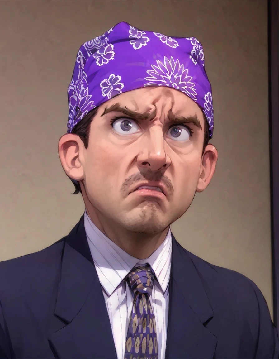 <lora:PRISONMIKE-000005:0.9> PRISONMIKE man, standing in an office, bandana, eyes wide open, suit, steve carrell, angry, pupils, frown,
1boy, hd, anime cartoon style,