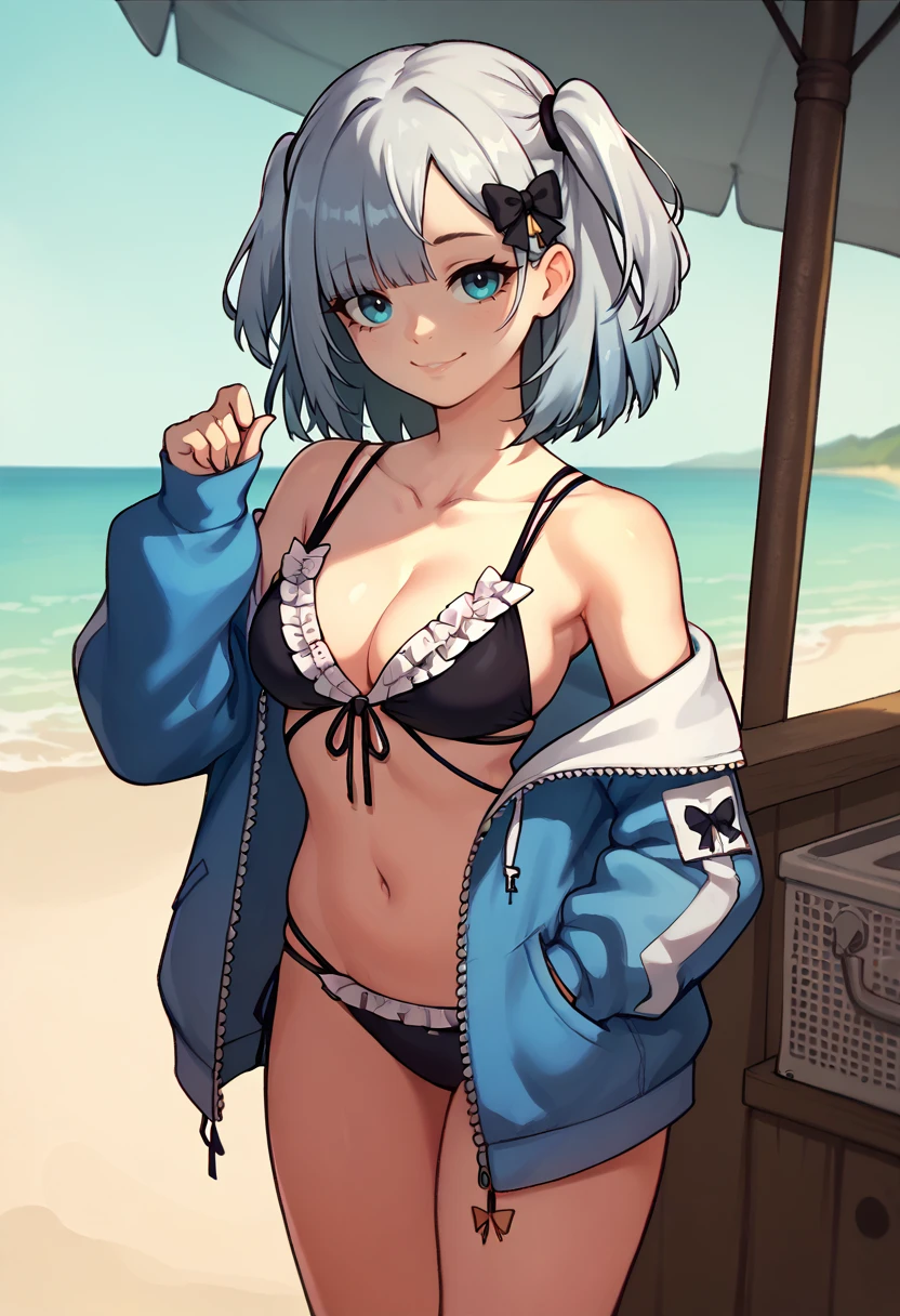 score_9, score_8_up, score_7_up, solo, 1girl, kagasummer, smile, looking at viewer, standing, hand in pocket, two side up, hair bow, black bow, blue jacket, open jacket, off shoulder, long sleeves, frills, black bikini, frilled bikini, front-tie bikini top, bare shoulders, collarbone, cleavage, outdoors, beach <lora:vspo_sumirekaga_ponyXL-a2-000006:1>