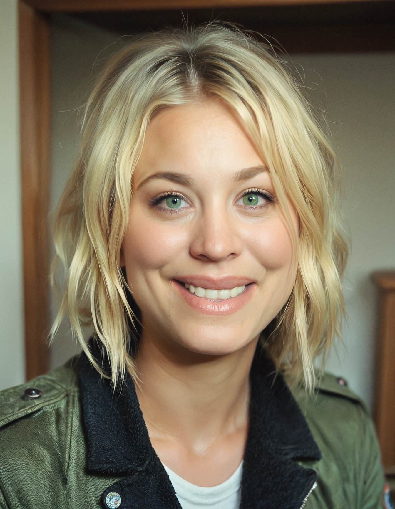 score_9, score_8_up, score_7_up, ohwx, 1girl, realistic, close-up, happy, blonde parted bangs, green eyes, <lora:CrunchyBanana_PONY_kaley_cuoco_v2:0.9>, indoors, jacket, rating_safe