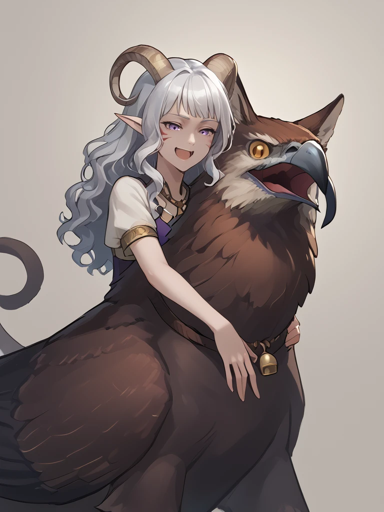 source_furry, score_7_up, rating_safe, source_anime, anime face, <lora:whisker_markings:0.8>red whisker_markings, silver long wavy hair, bell necklace, short pointy ears, purple eyes, <lora:age_slider_v4:0.6> full body, close up, 
<lora:Test_Diana:0.9> tiefling_bard_diana griffin, riding griffin, <lora:Tieflingnew weird fantasyDND:0.3><lora:Smooth Style 2 SDXL_LoRA_Pony Diffusion V6 XL:0.3> smile, open eyes, <lora:INKxXmo shaded face:0.7> Shaded FaceINKxXmo Dark Theme, <lora:griffin:1>