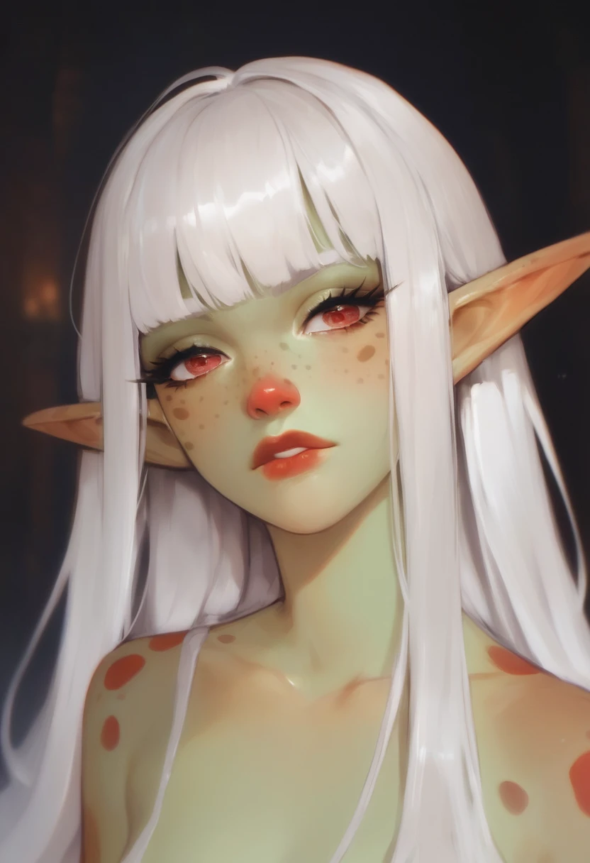 score_9, score_8_up, score_7_up, score_6_up, PRSNL, a girl, Gith, pointed ears, spots on skin, red nose, green skin, fantasy, dungeon background, long eyelashes, bangs, long white hair