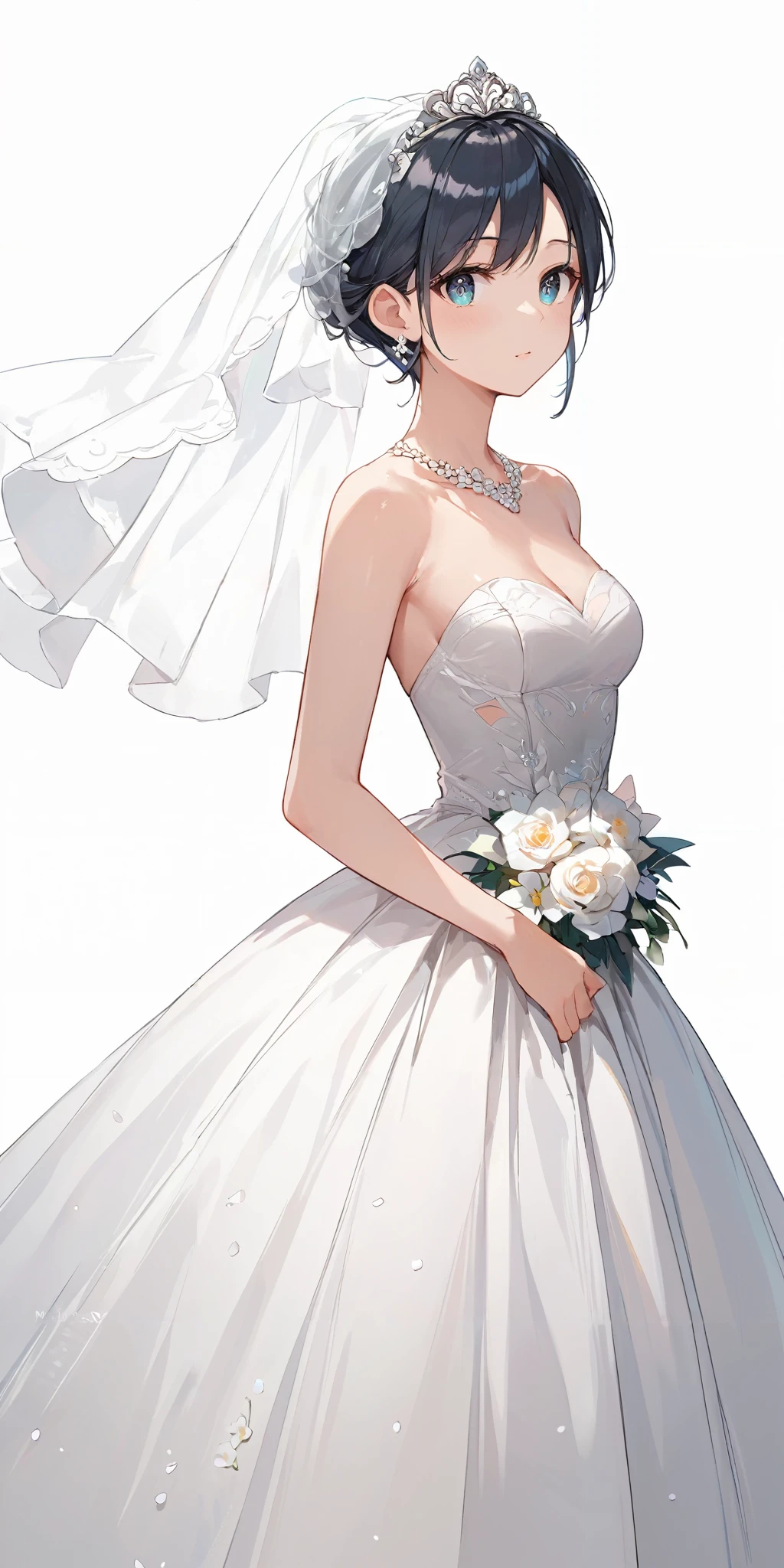 score_9, score_8_up, score_7_up,source_anime, high res image,masterpiece,best quality,adult woman,cute face,clear skin,shiny hair,ultra detailed eyes,simple background,  <lora:wedding dress_pony_V1.1:0.8> wedding dress, flower