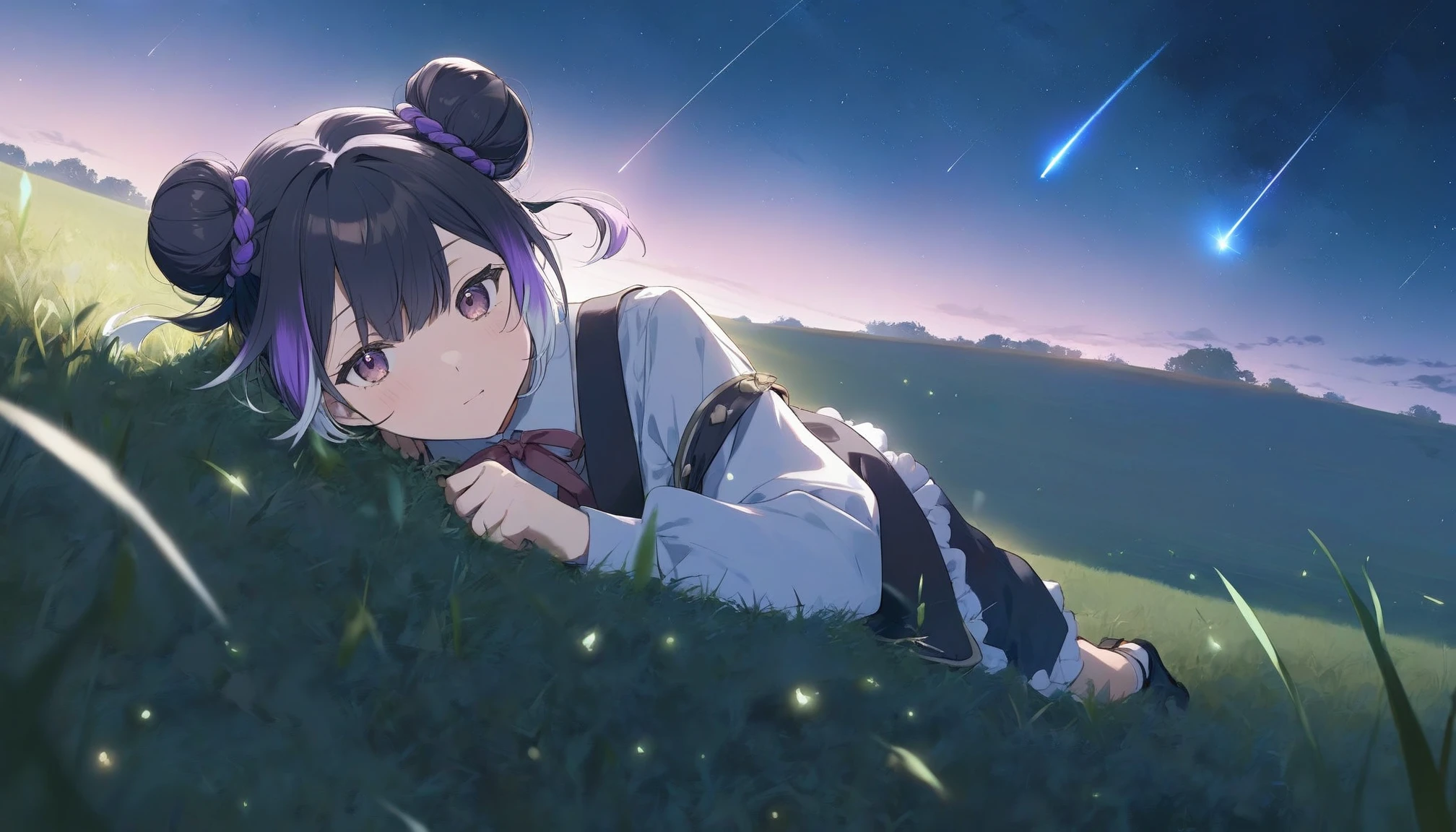 1girl, by makoto shinkai, Your Name, anime coloring, double buns,purple and black dual-toned hair, twin buns hairstyle, lay on grassland, looking at comets in night sky, amazing quality, intricate details,