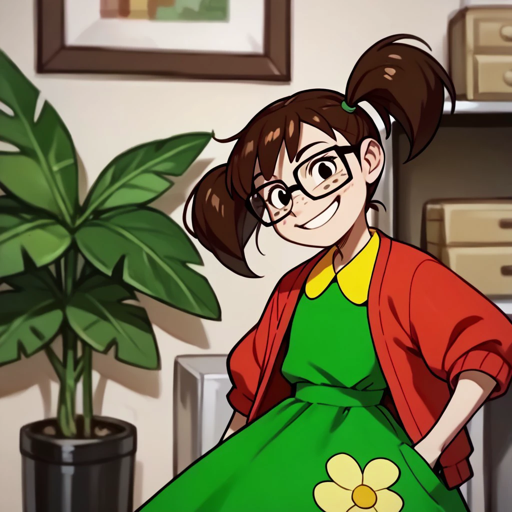 score_9, score_8_up, score_7_up BREAK Chilindrina, 1girl, dark brown hair, pigtails, black eyes, freckles, glasses, open red cardigan, yellow-collared green dress, yellow dress pocket, socks, black mary jane shoes, smiling at viewer,