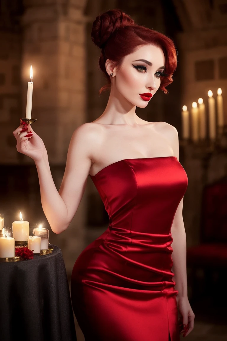 caricevanhouten, ((detailed skin, detailed face,detailed eyes, beautiful eyes)), ((red lipstick, blush, eye shadow, eyeliner, pale skin)), photo of a woman, ((fancy updo, hair up, hair in bun, dark red hair, eyeliner, eye shadow, fancy red dress, medieval castle, candles)) (cowboy shot, waist, hips, thighs)