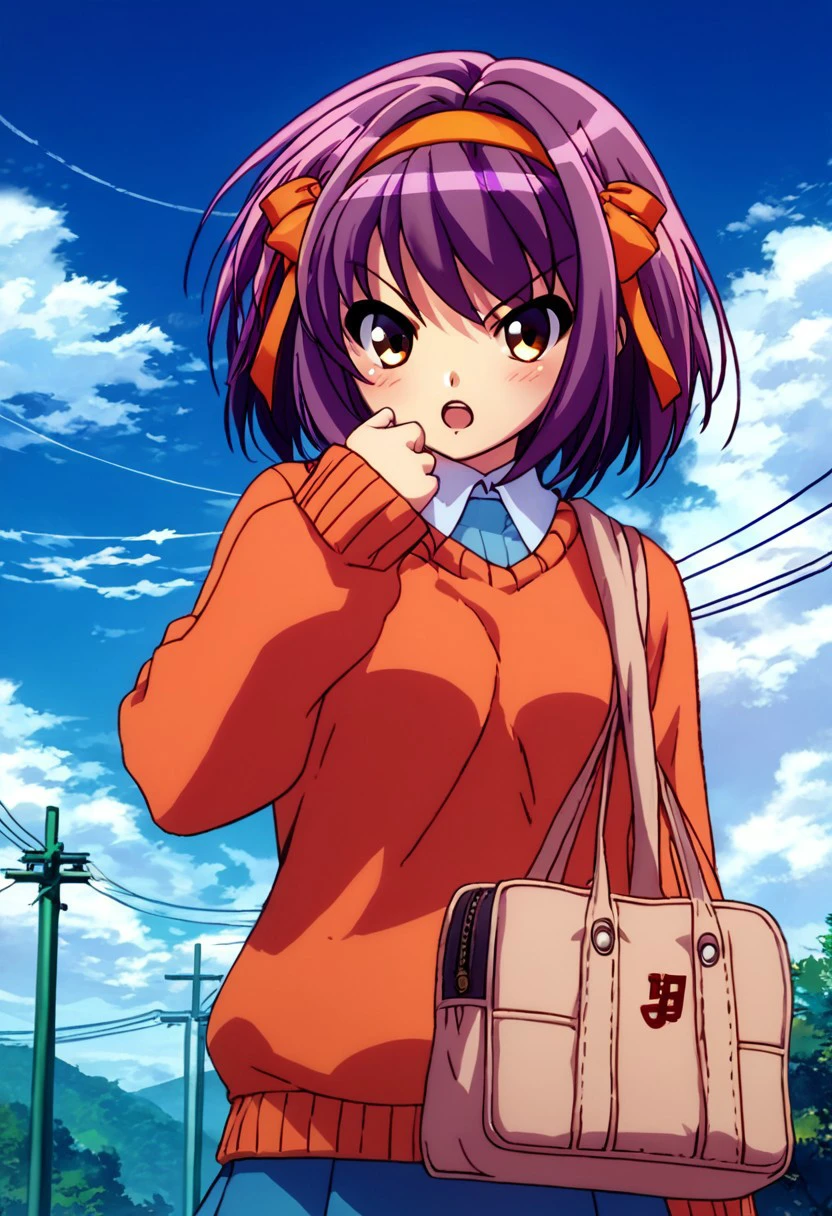 score_9, score_8_up, score_7_up, source_anime, rating_safe, suzumiya haruhi, masterpiece, nichijou_style, solo, 1girl, white eyes, purple hair, bob cut, big hair, looking at viewer, sky, cloud, open mouth, day, outdoors, power lines, blush, bag, blue sky, sweater, school uniform, v-shaped eyebrows