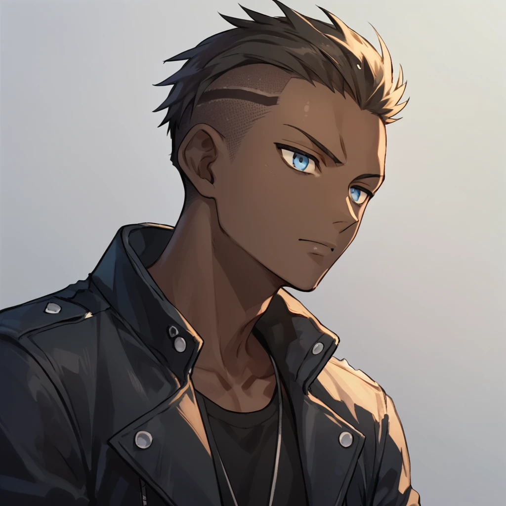 score_9, score_8_up, score_7_up,  source_anime ,  male , solo , skinny man , dark skin , black short mohawk undercut , pale-blue eyes , shirless , jacket,  <lora:StS_Skin_Tone_Slider:-2>